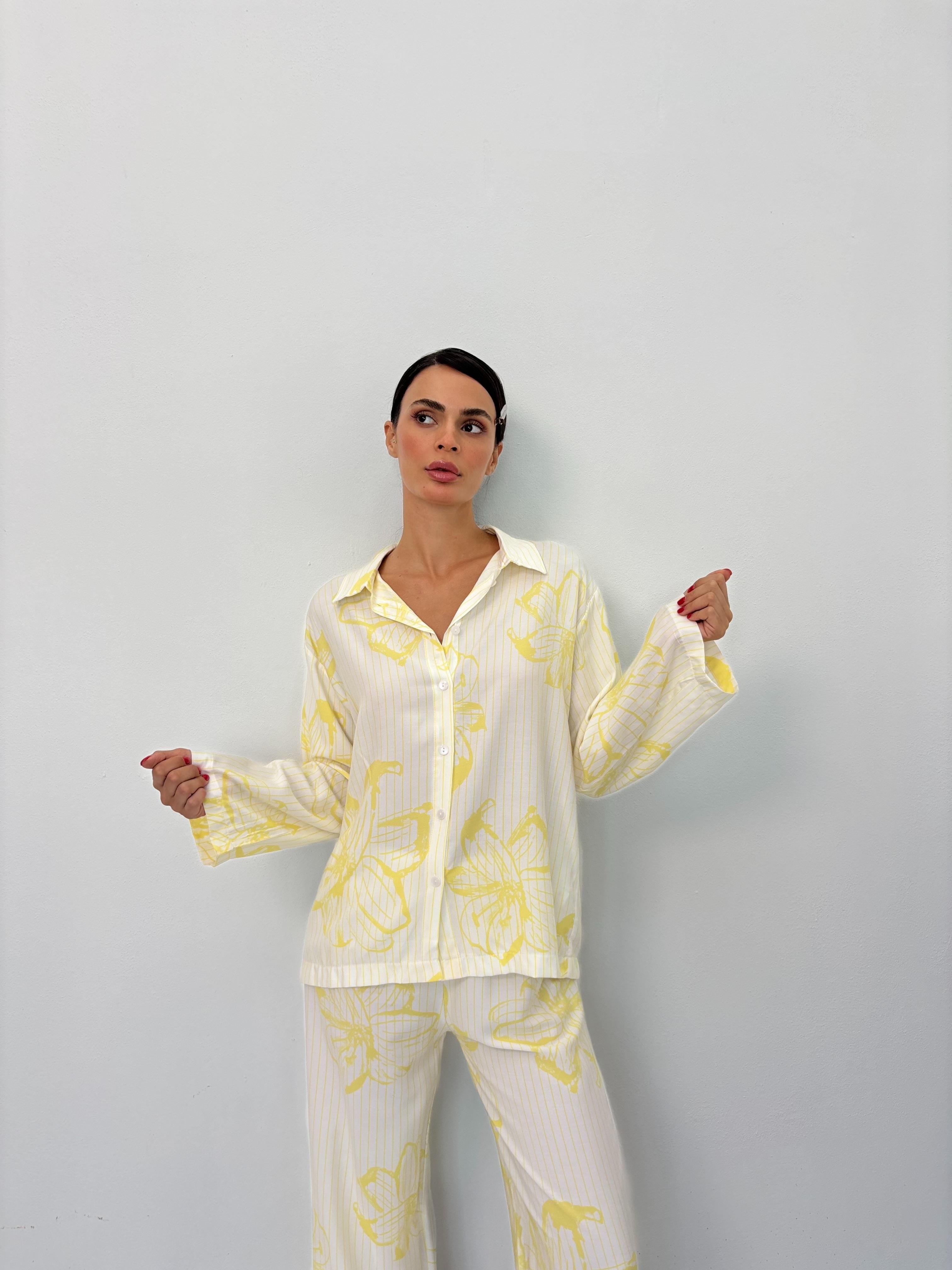 Sarı Çiçek Desen Pamuklu Gömlek Pijama Takım