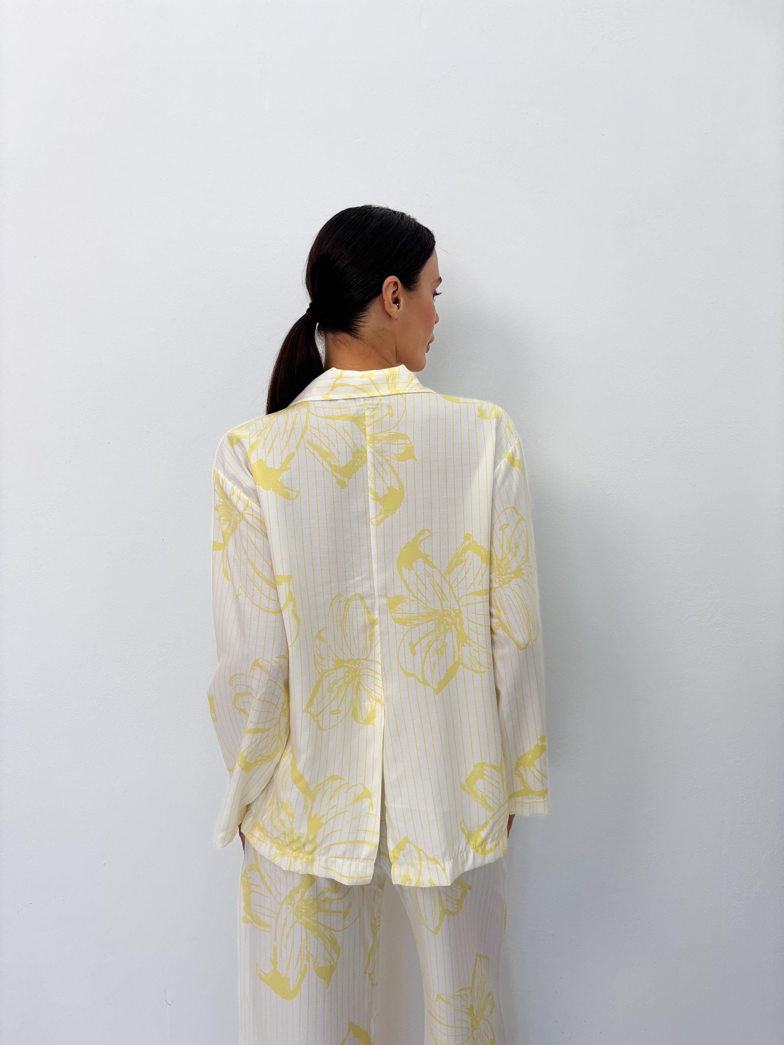 Sarı Çiçek Desen Pamuklu Gömlek Pijama Takım