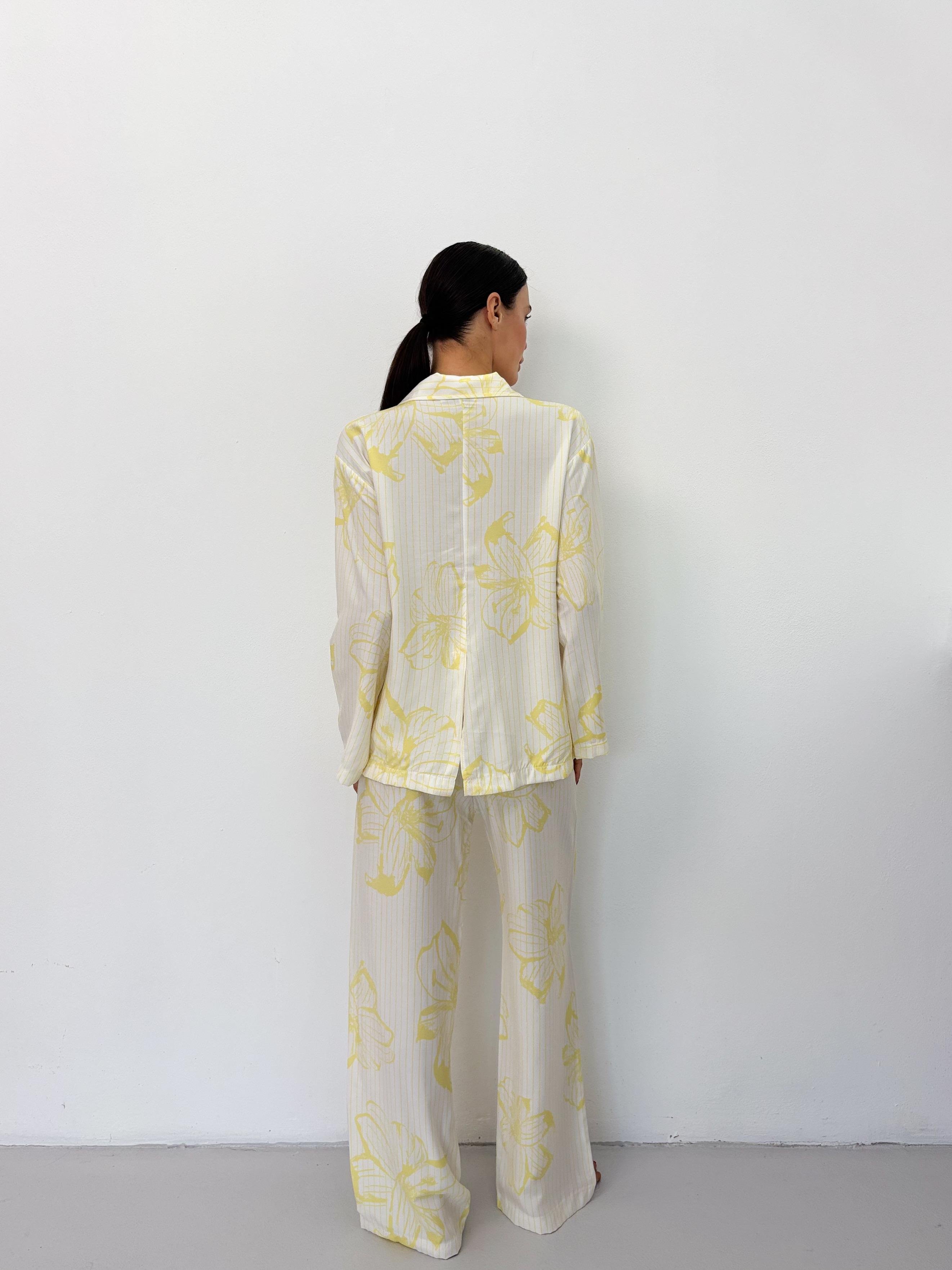 Sarı Çiçek Desen Pamuklu Gömlek Pijama Takım