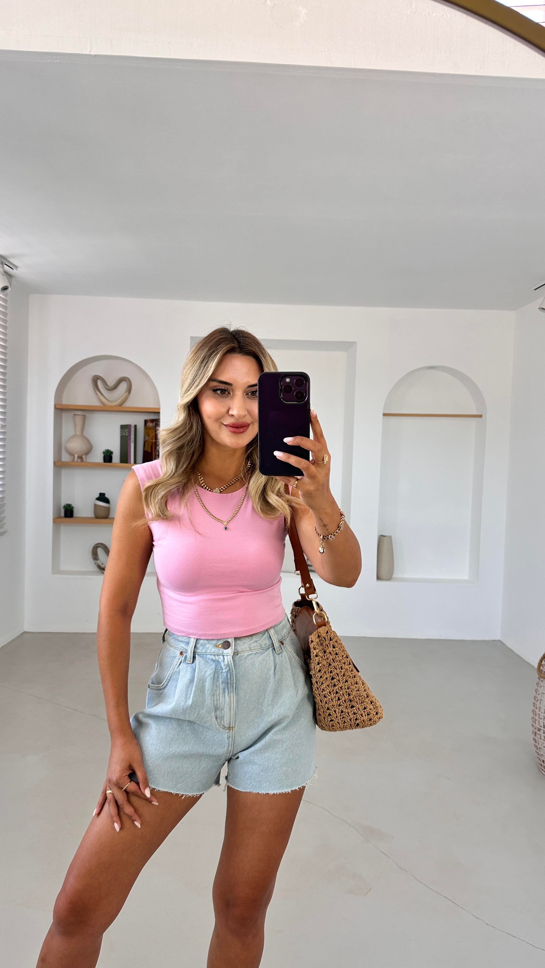 Sıfır Kol Pembe Slim Fit Crop