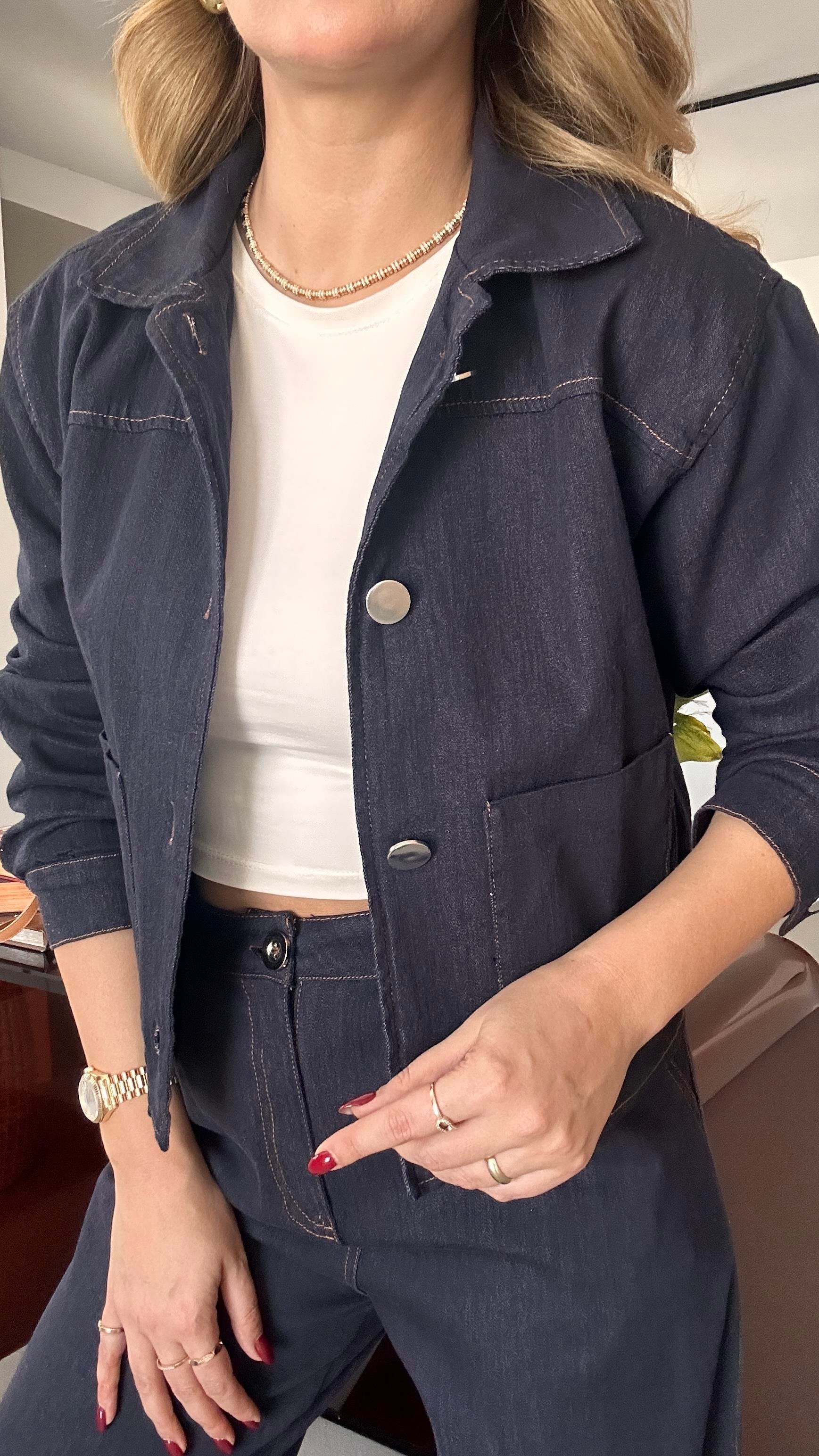 Silver Düğme Detay Lacivert Likralı Denim Ceket