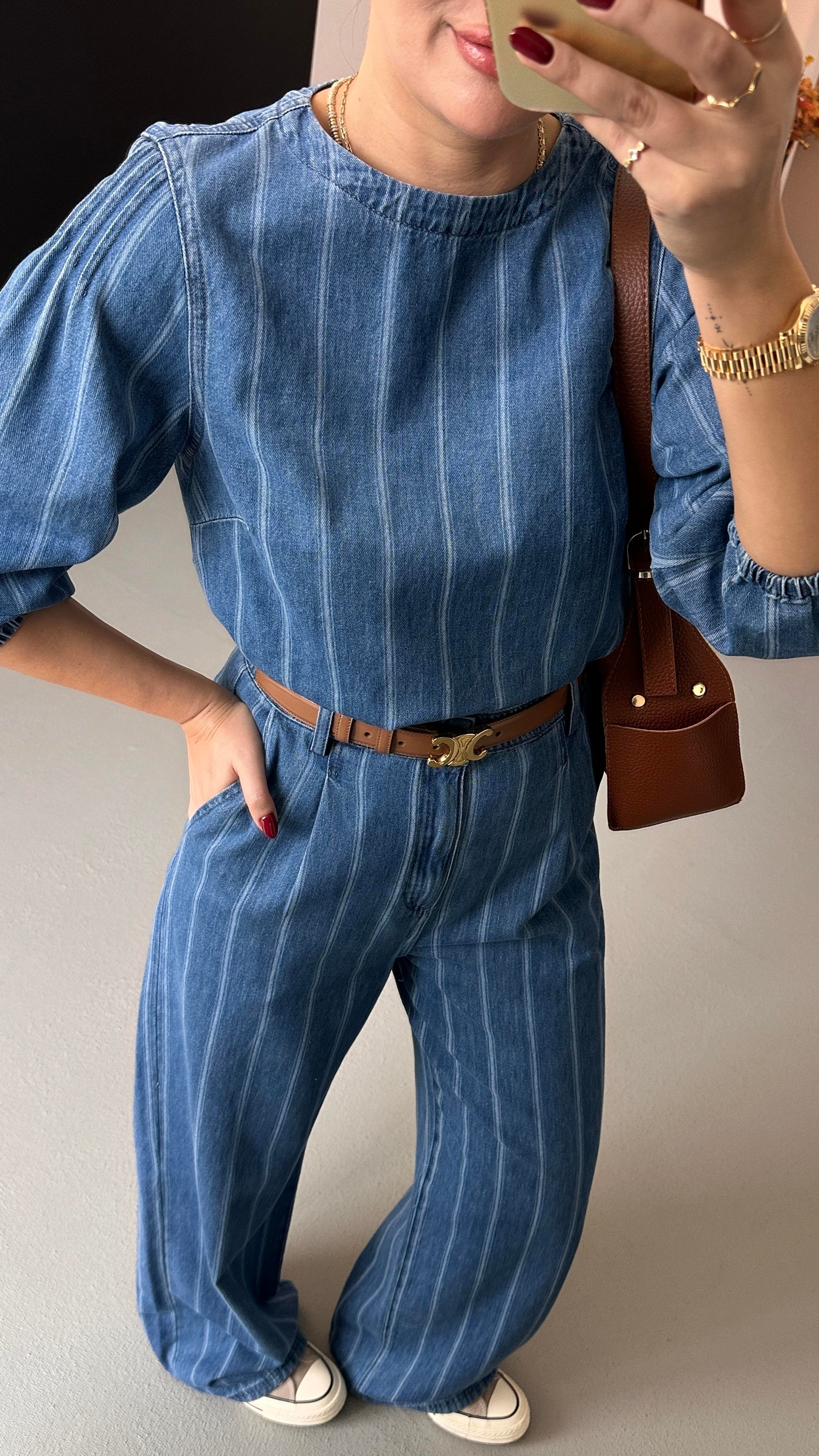 Sırt Bağlama Detay Çizgili Tensel Denim Bluz