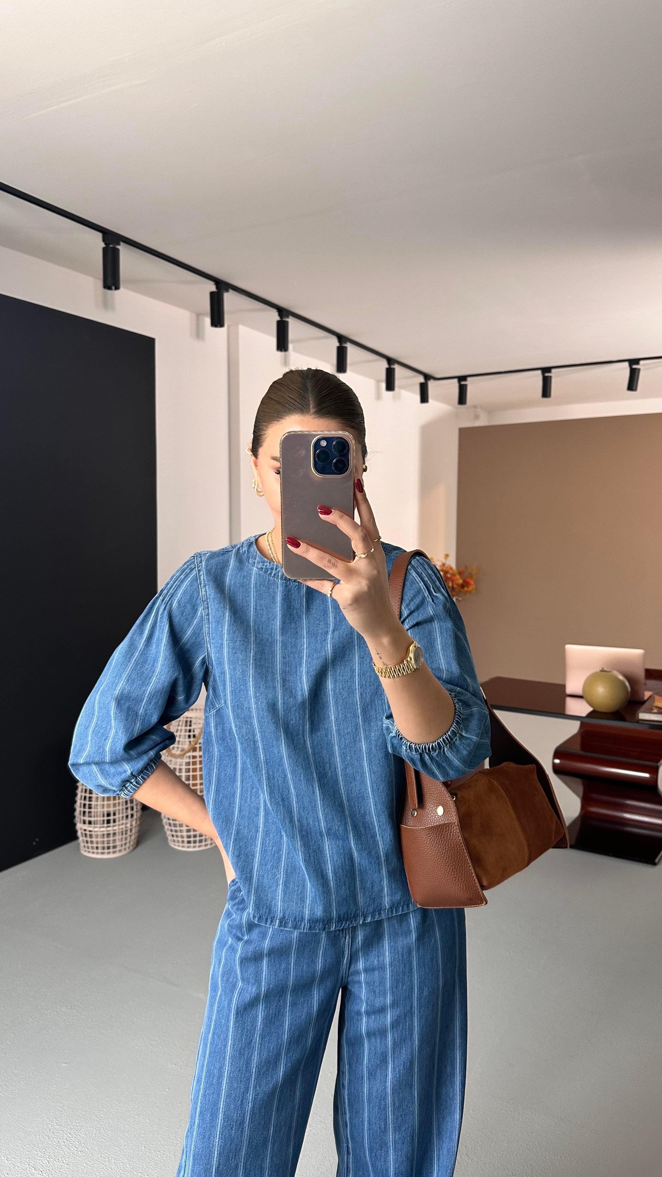 Sırt Bağlama Detay Çizgili Tensel Denim Bluz