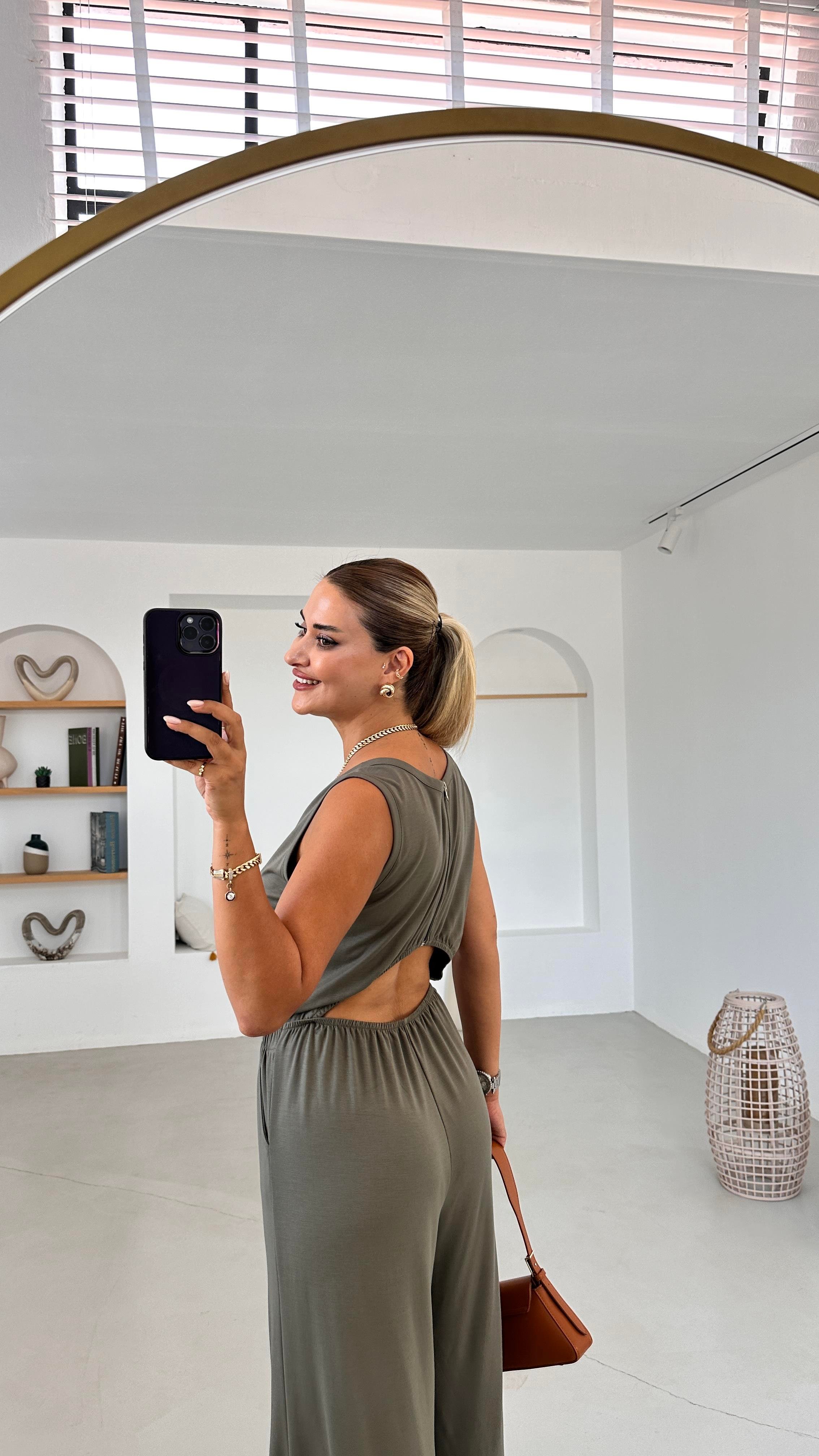 Sırtı Fermuarlı Bel Dekolte Haki Modal Tulum