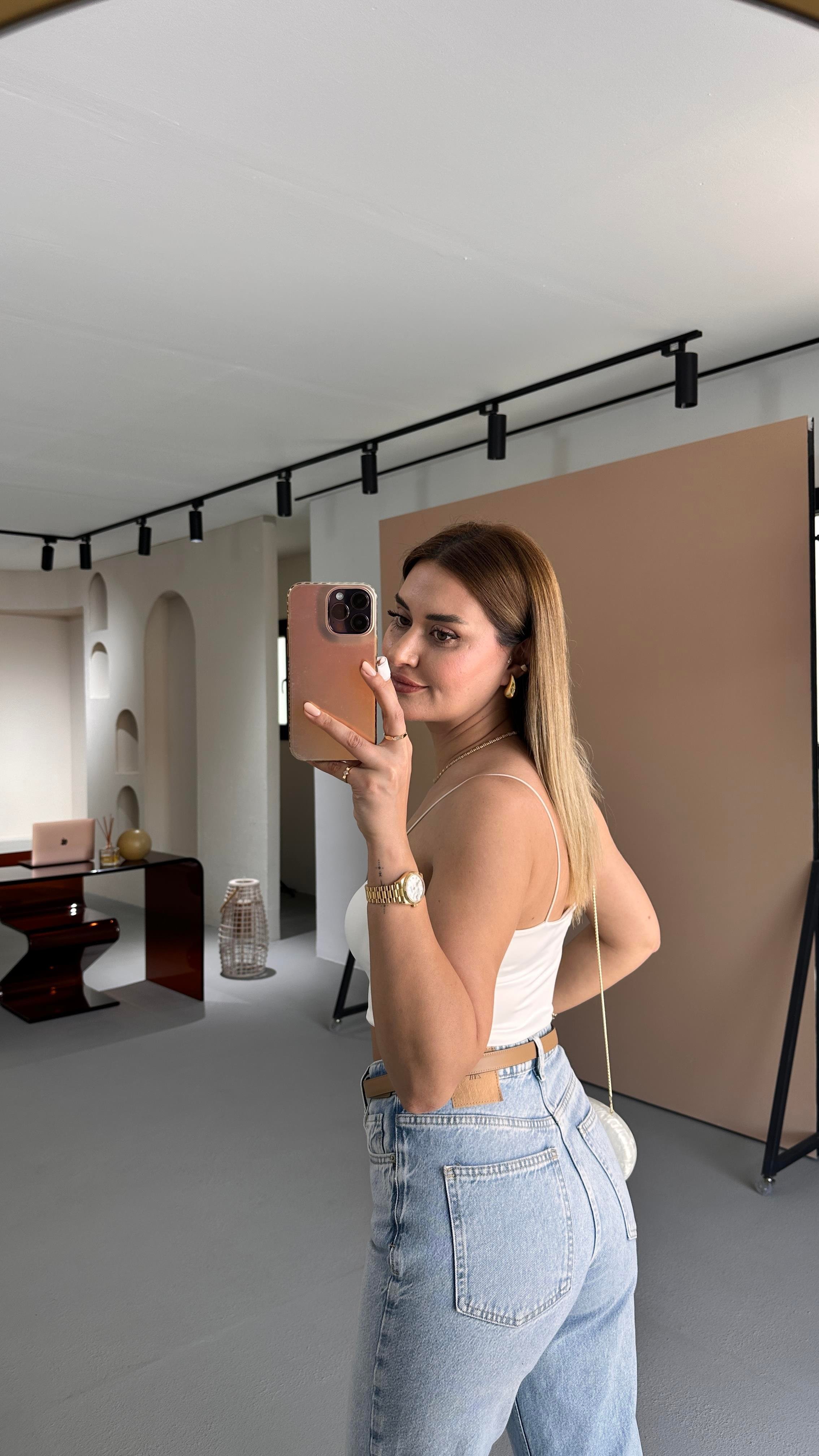 Spagetti Askılı Ekru Crop