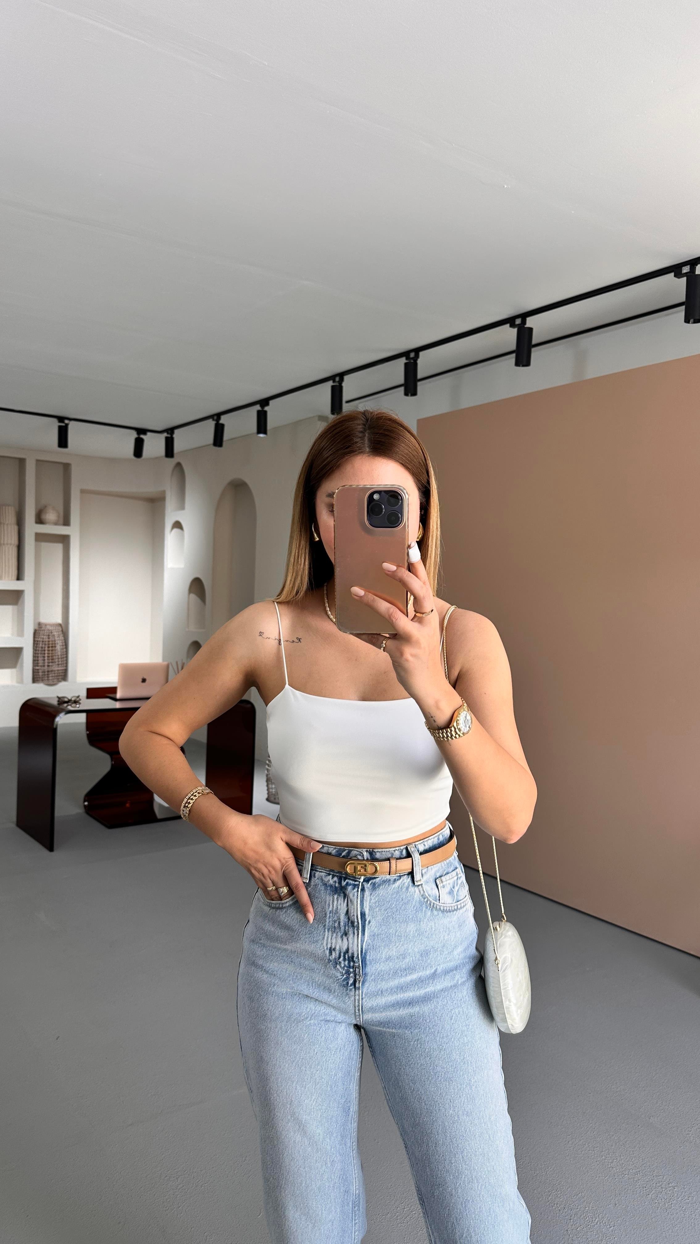 Spagetti Askılı Ekru Crop