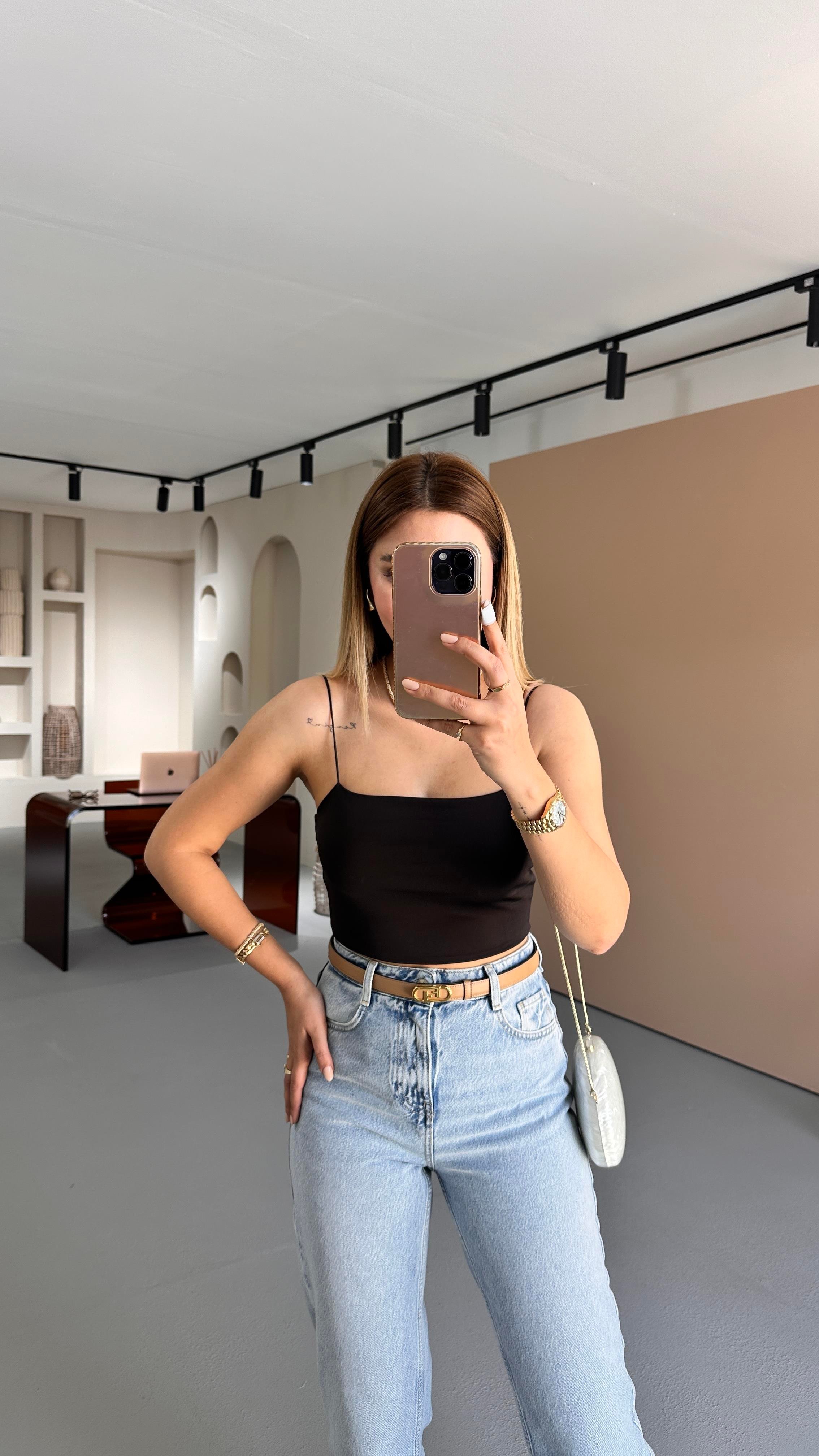 Spagetti Askılı Siyah Crop