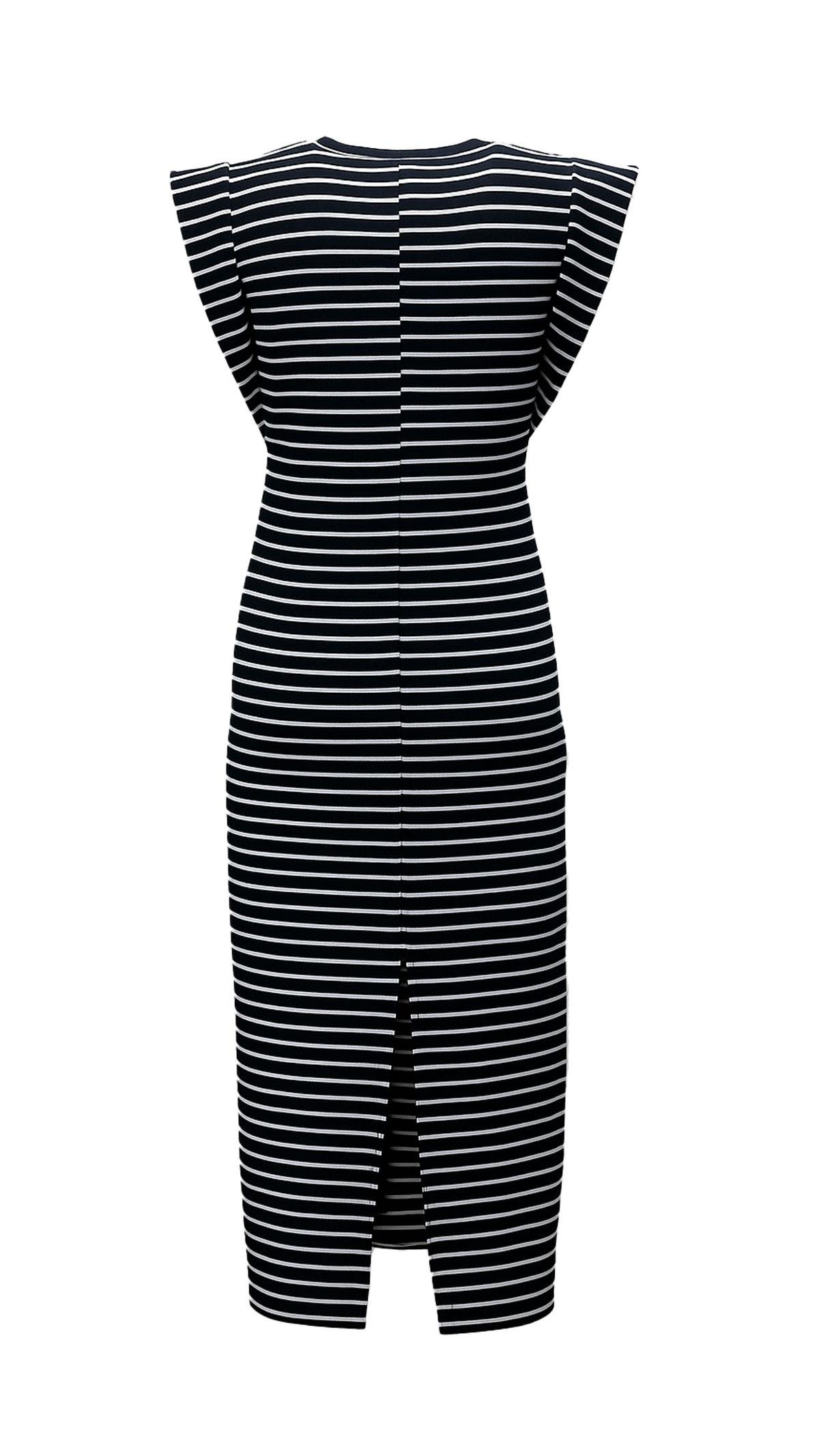 T Kol Yırtmaç Detay Dokulu Siyah Çizgili Elbise