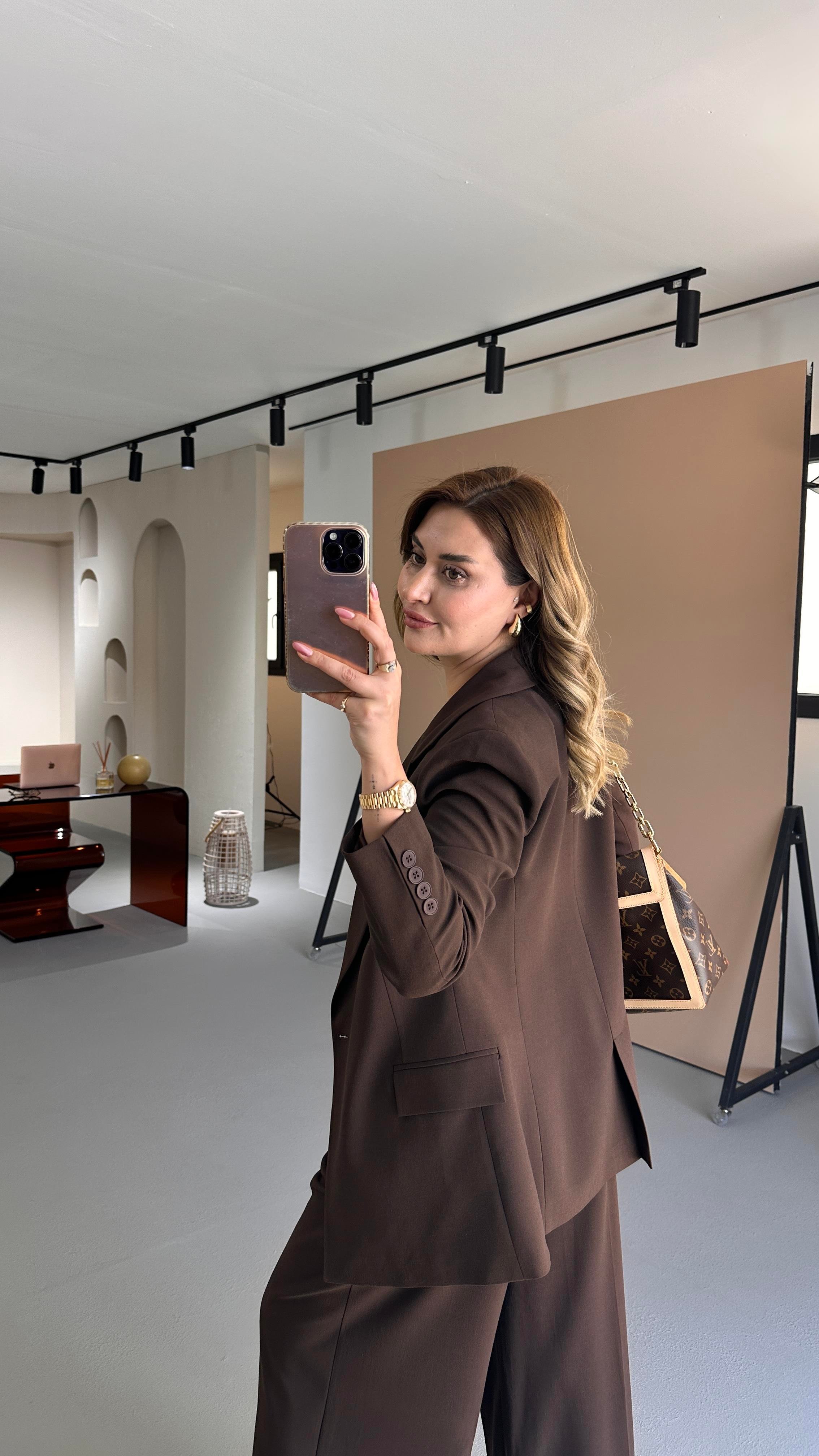 Tek Düğme Blazer Piliseli Palazzo Pantolon Kahve Takım