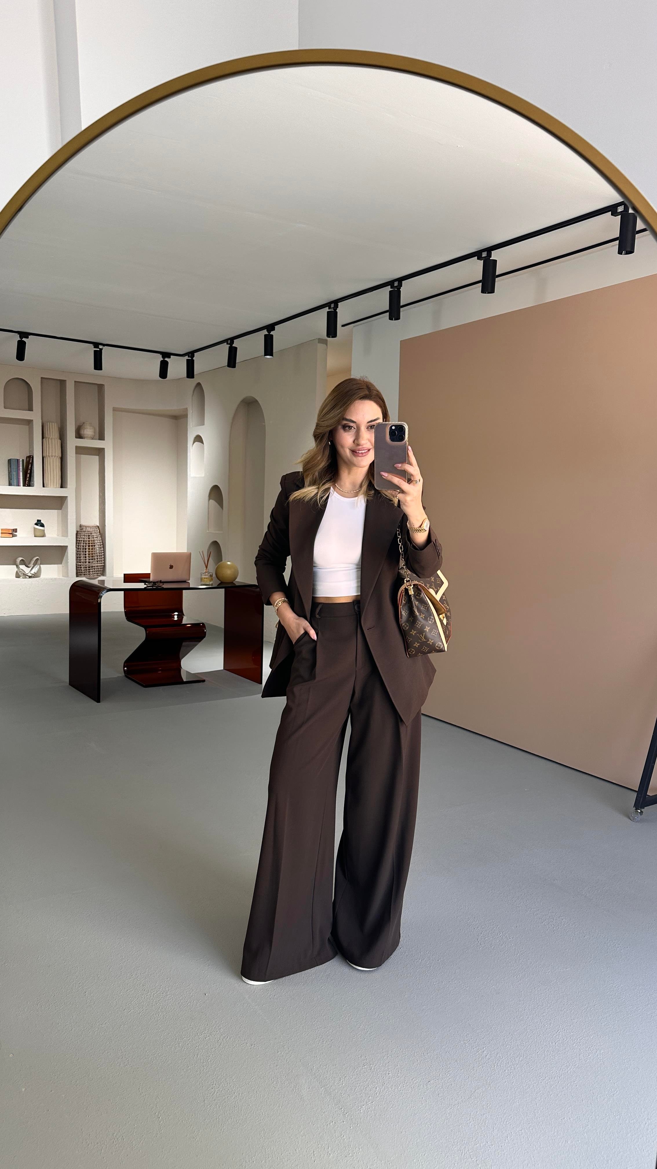 Tek Düğme Blazer Piliseli Palazzo Pantolon Kahve Takım