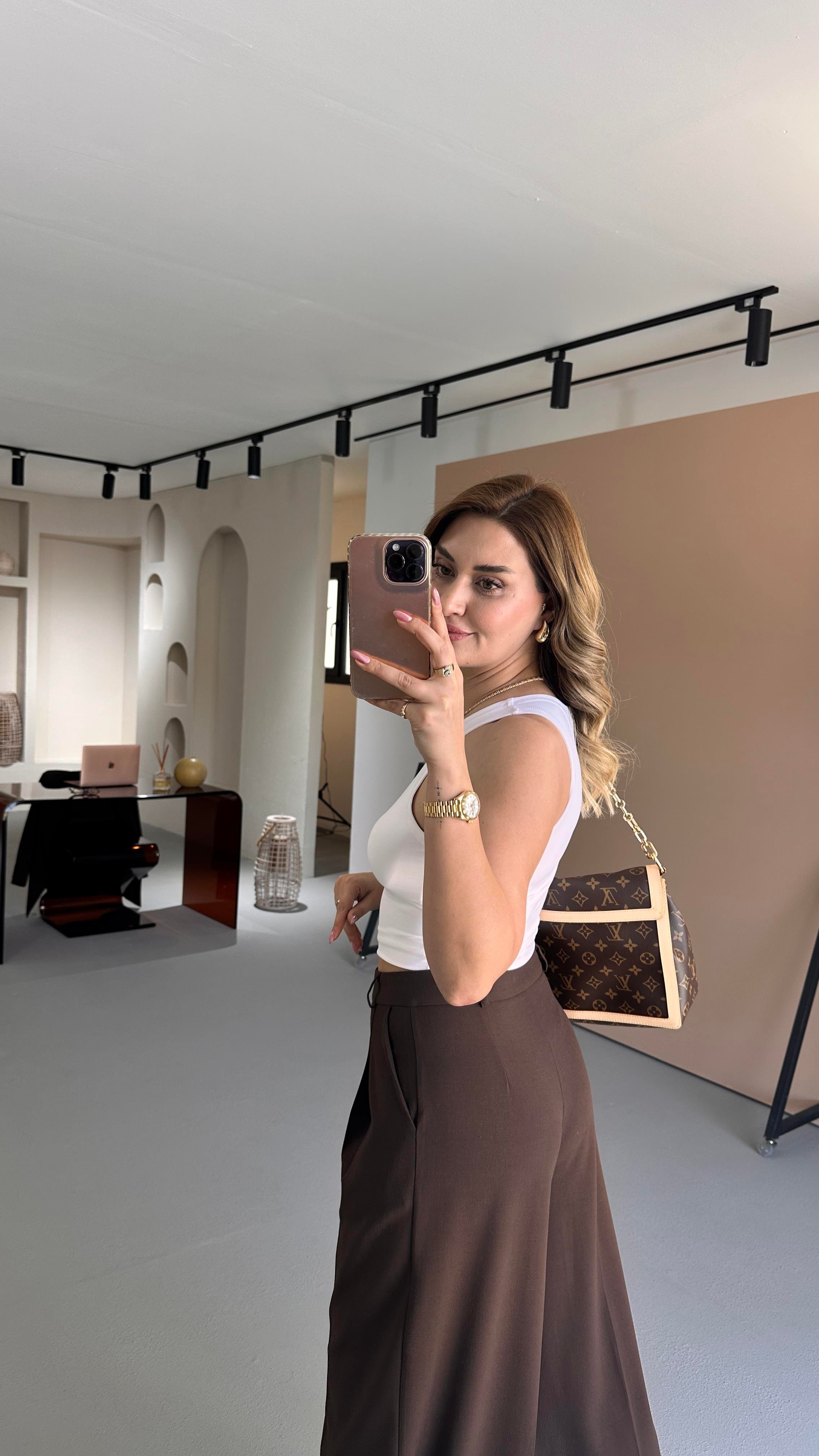 Tek Düğme Blazer Piliseli Palazzo Pantolon Kahve Takım