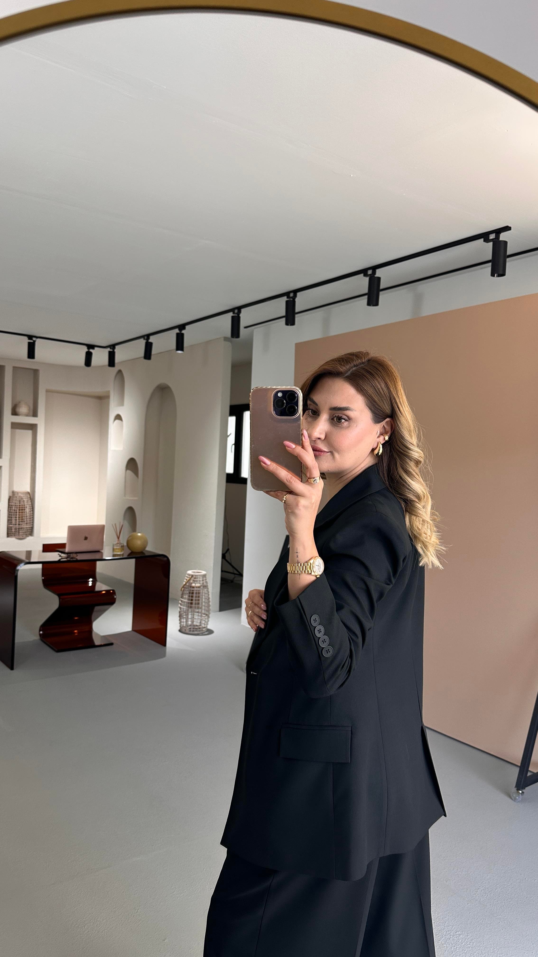 Tek Düğme Blazer Piliseli Palazzo Pantolon Siyah Takım