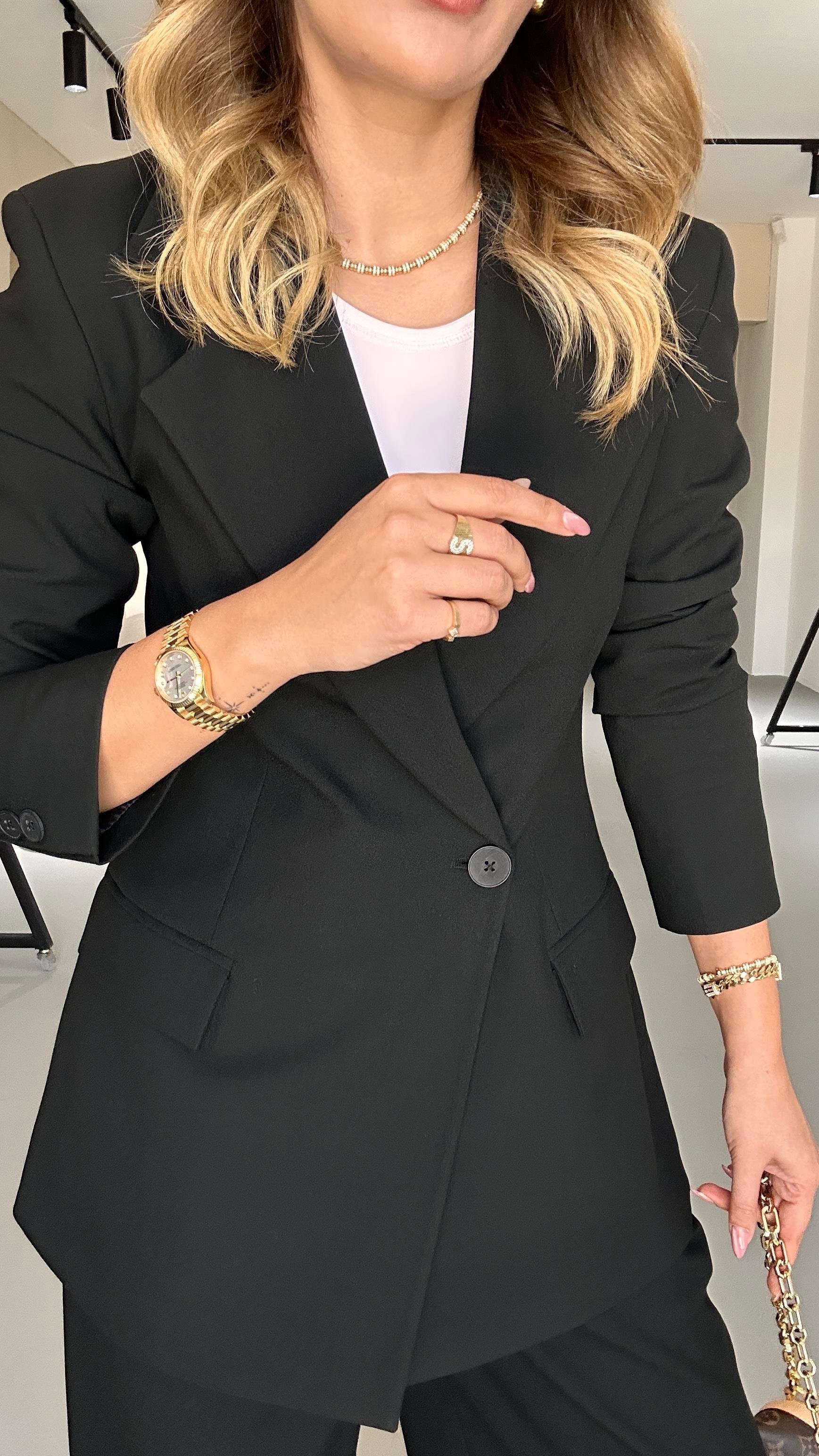 Tek Düğme Blazer Piliseli Palazzo Pantolon Siyah Takım
