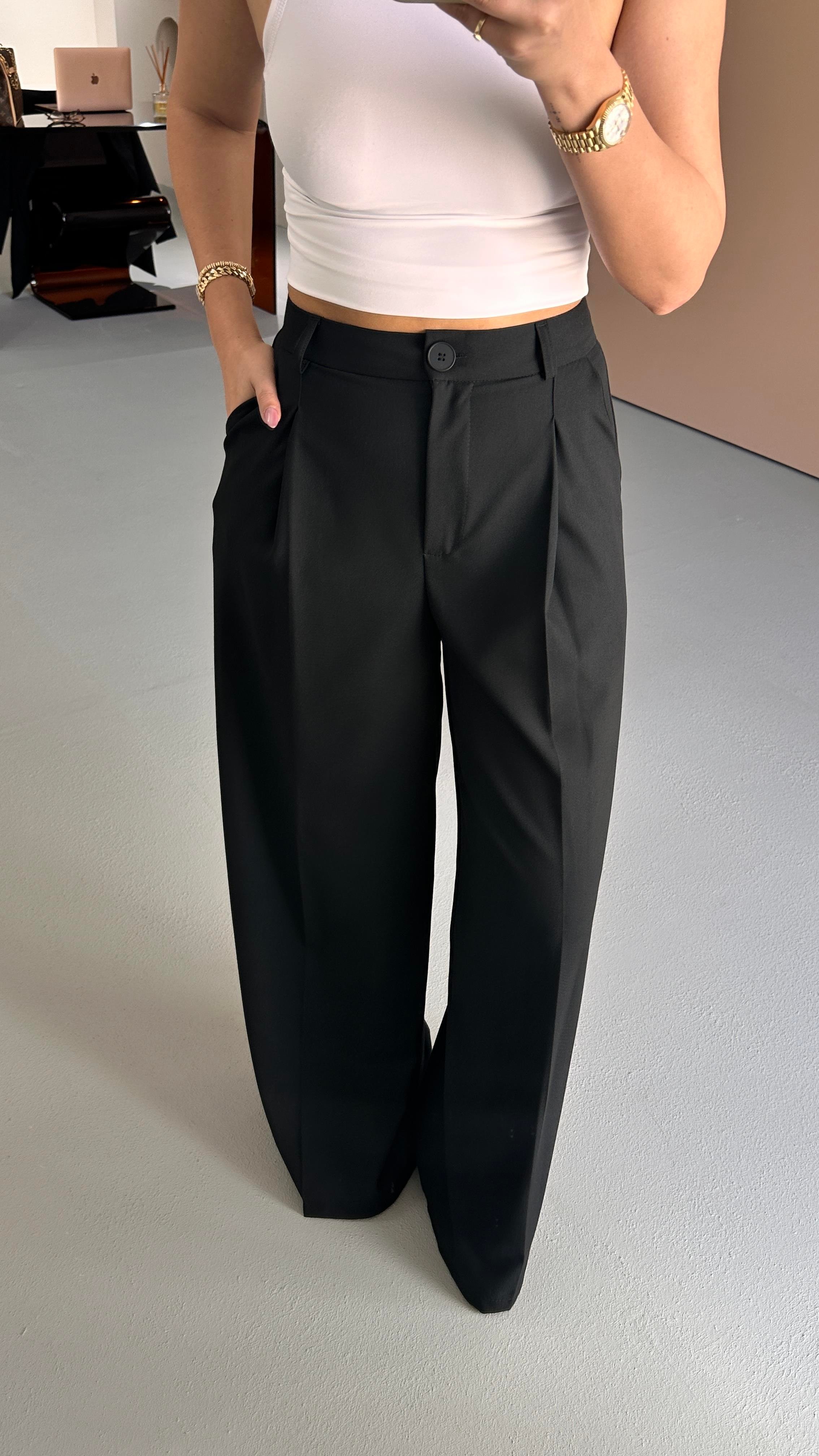 Tek Düğme Blazer Piliseli Palazzo Pantolon Siyah Takım