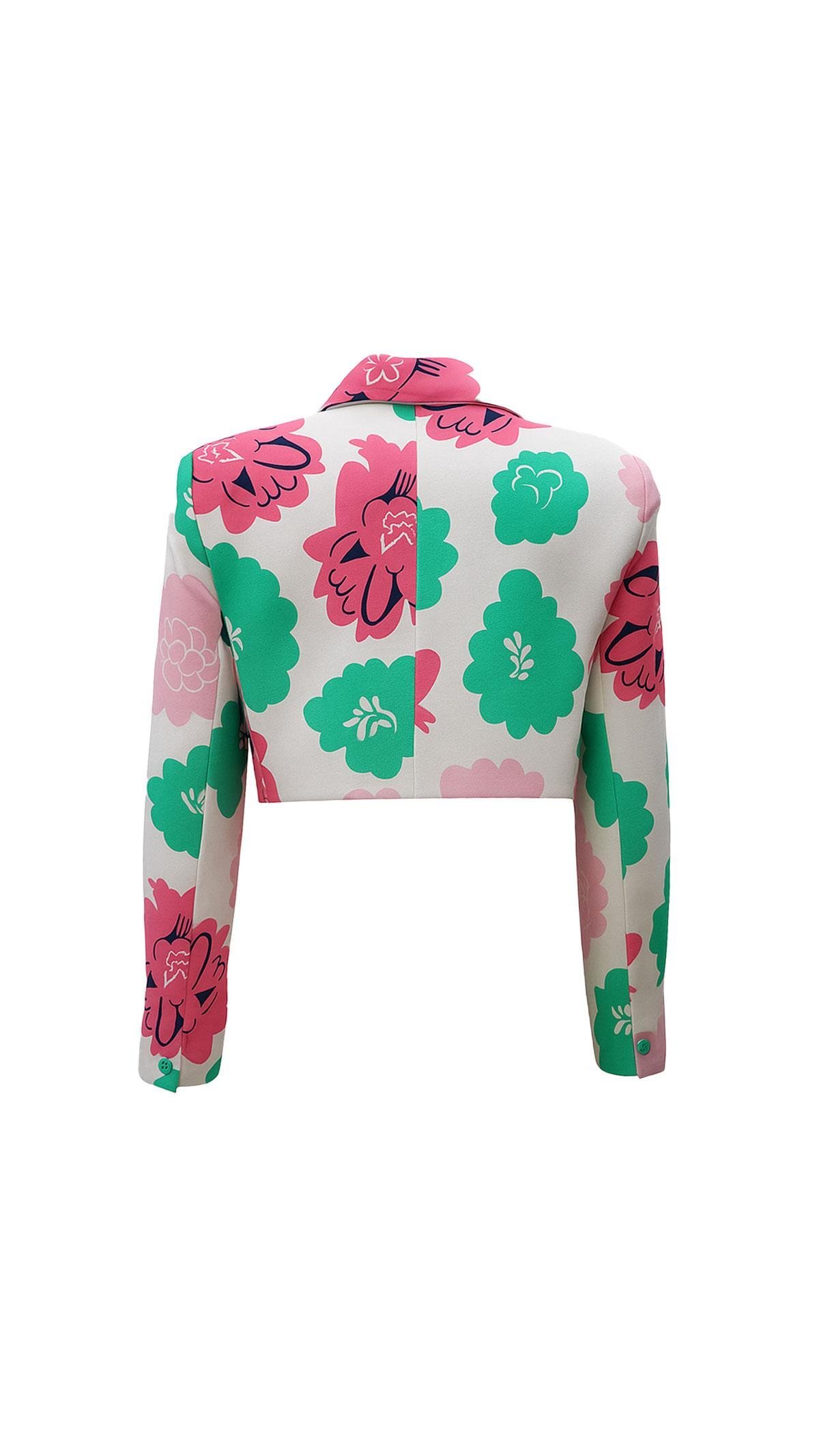 Tek Düğme Detay Çiçek Desen Kısa Keten Ceket