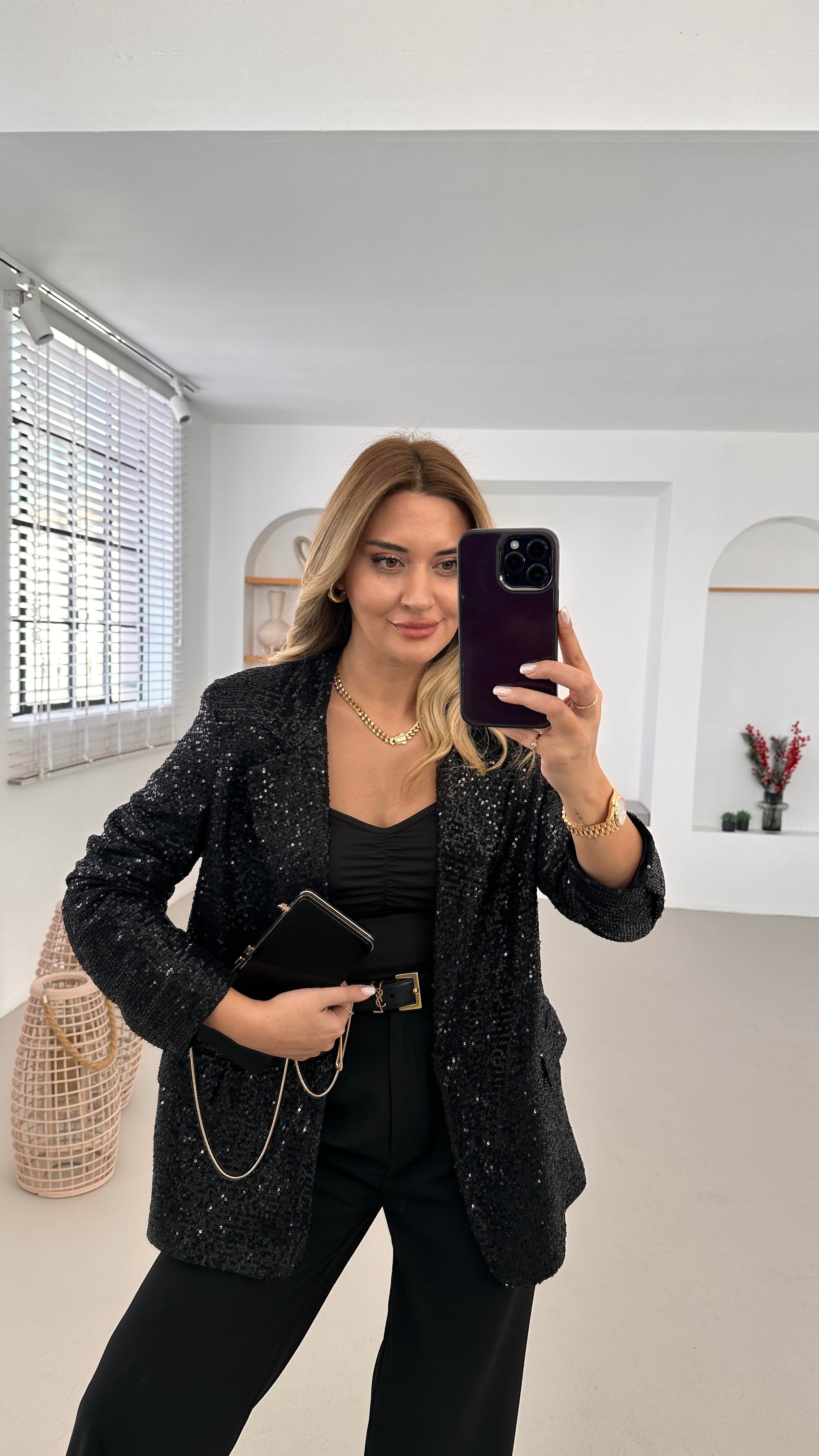 Tek Düğme Detay Payetli Siyah Blazer Ceket
