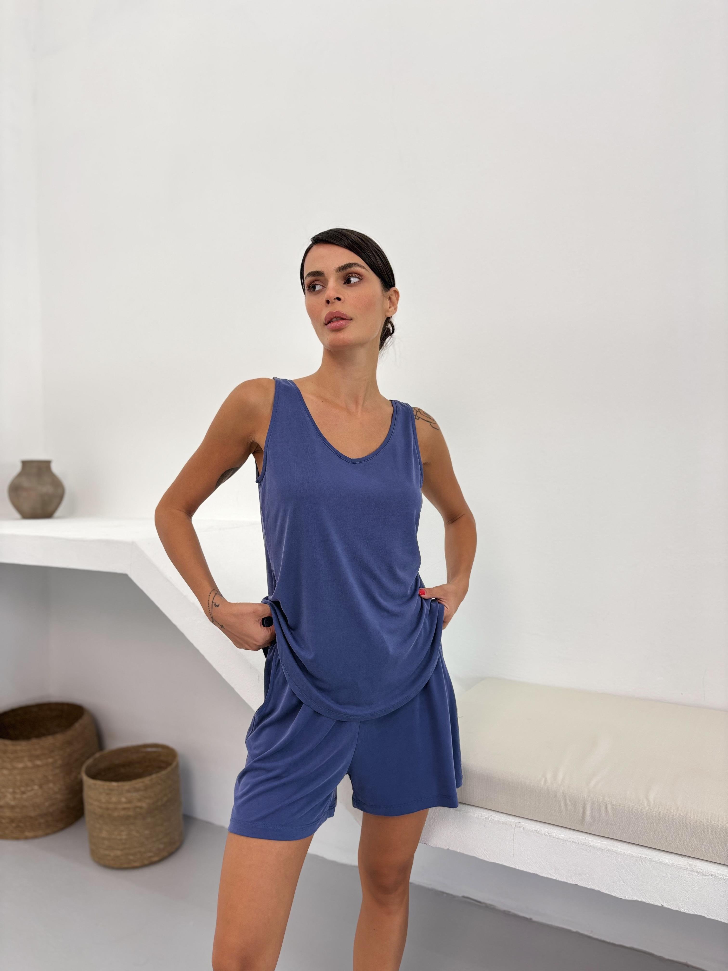 V Yaka Dökümlü İndigo Modal Atlet