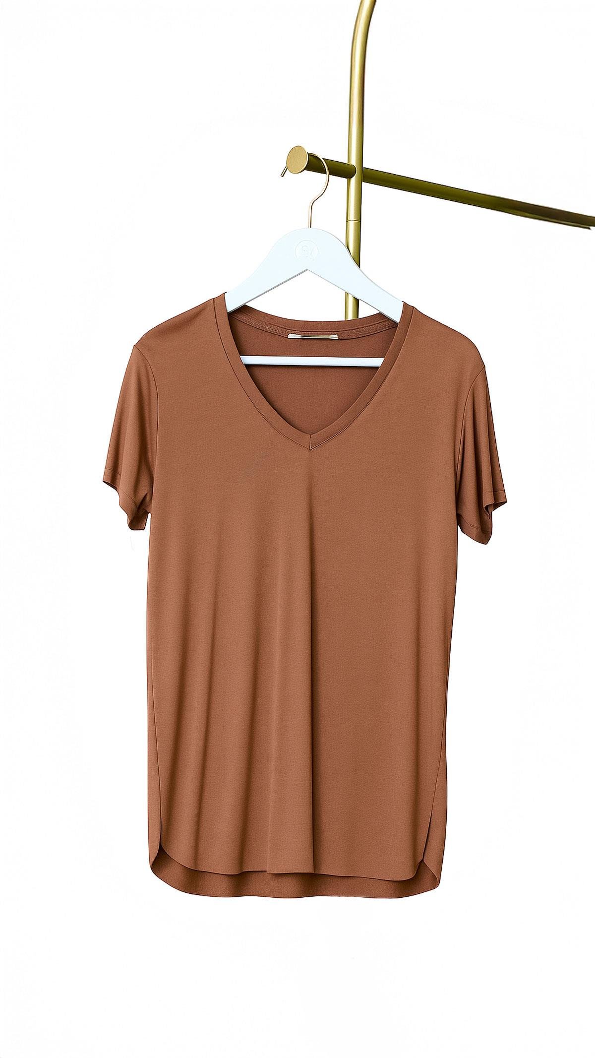 V Yaka Dökümlü Tarçın Modal Tshirt