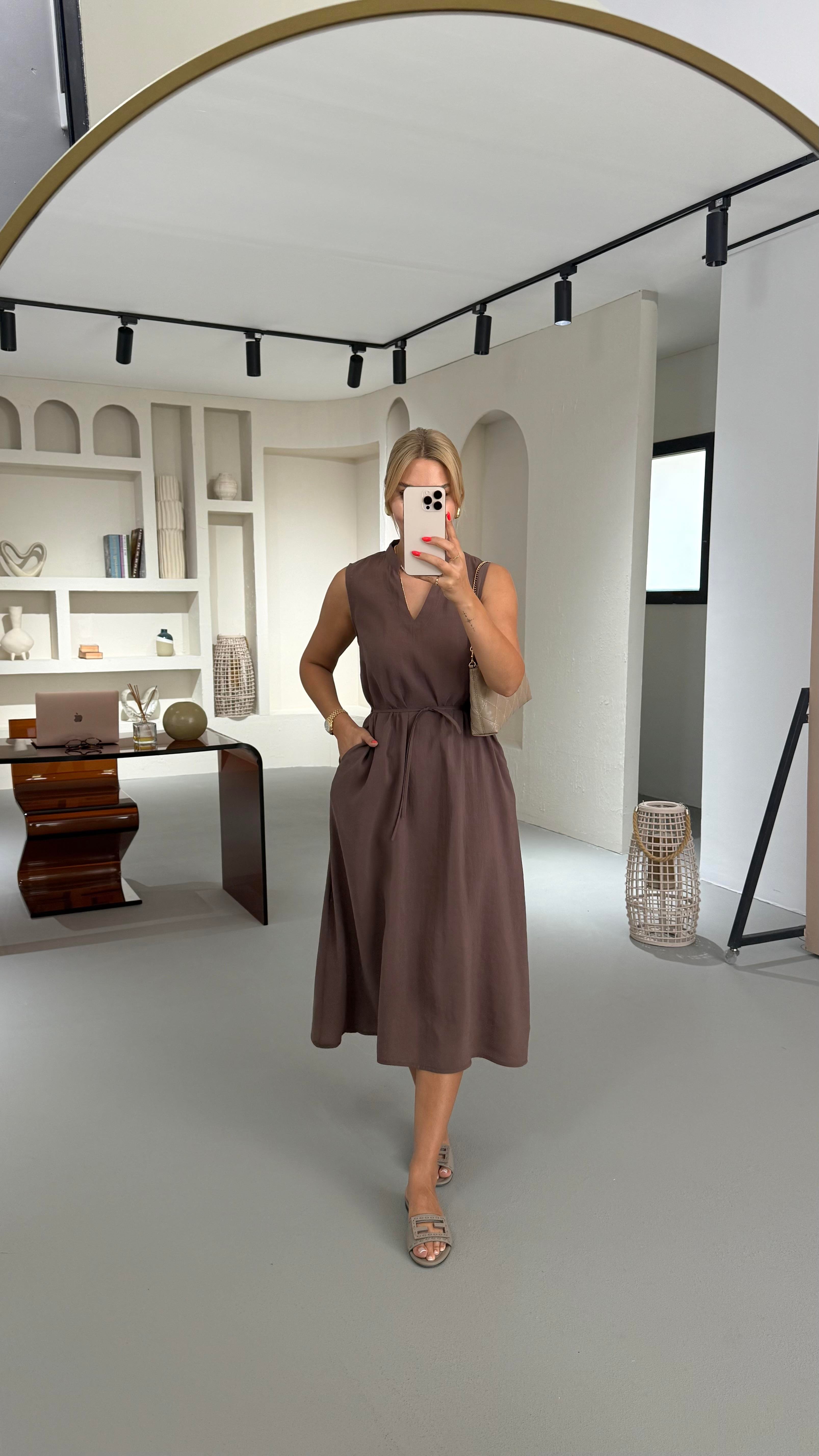 V Yaka Kahve Tensel Modal Elbise