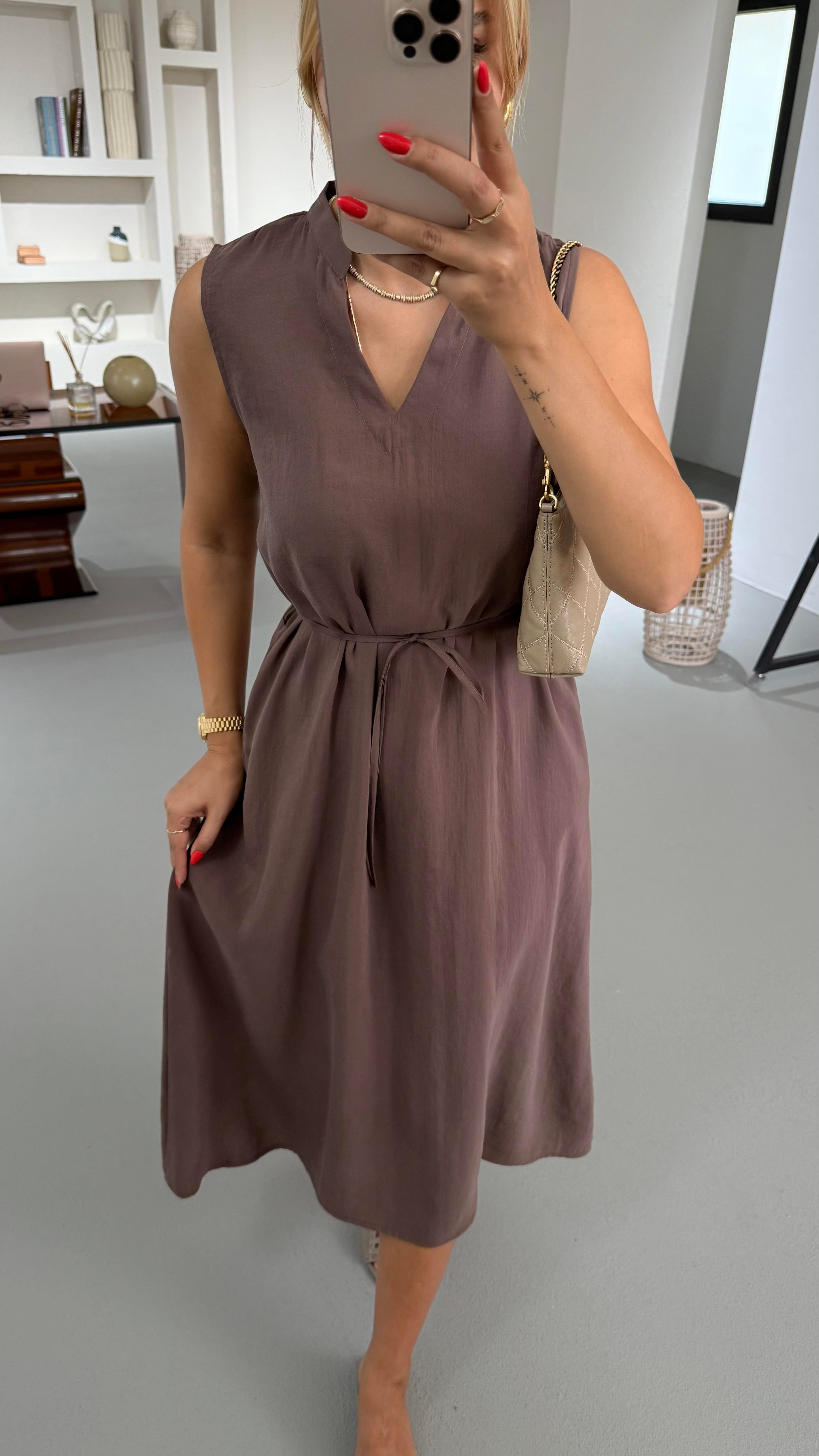 V Yaka Kahve Tensel Modal Elbise