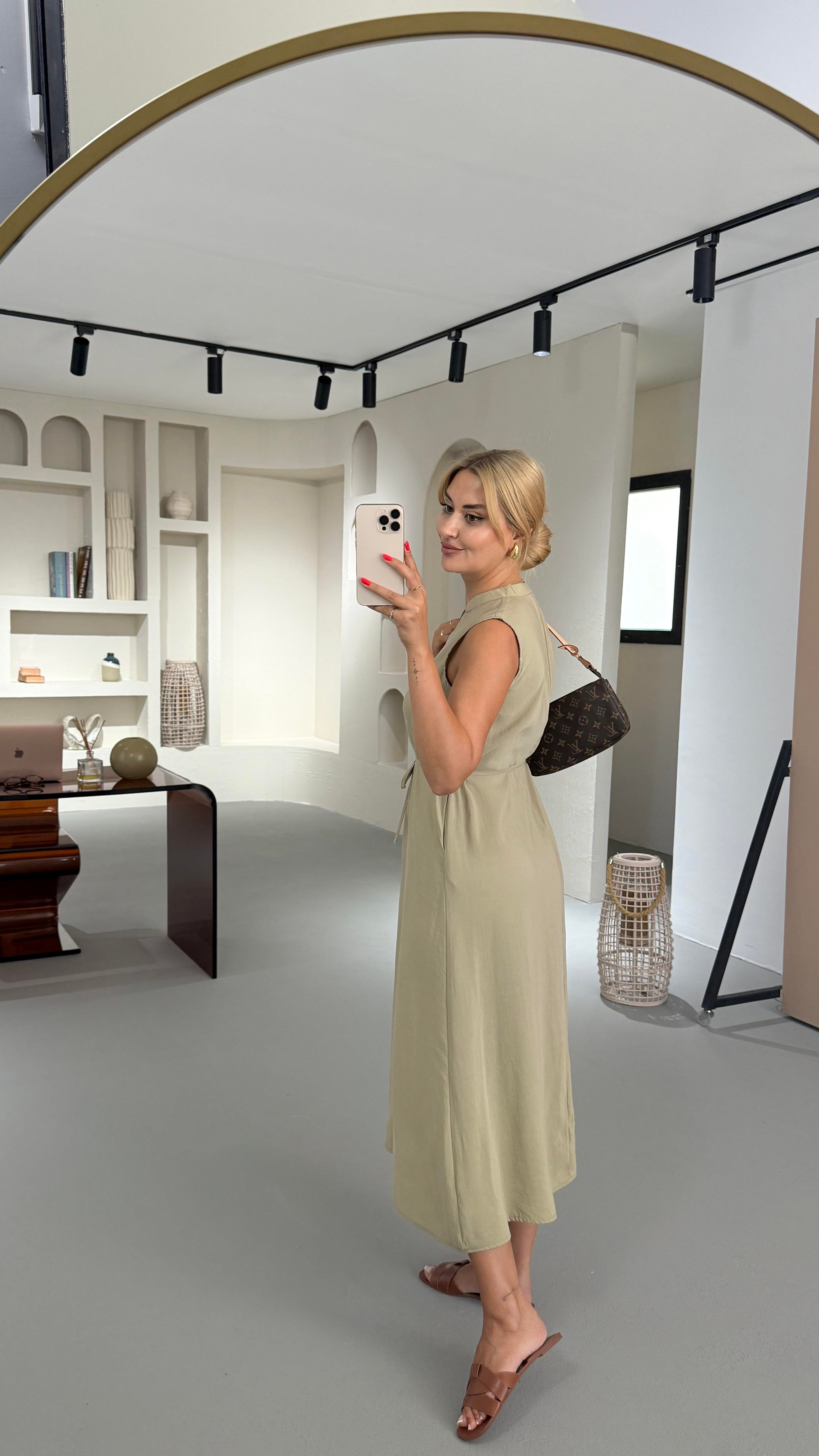 V Yaka Yağ Yeşili Tensel Modal Elbise