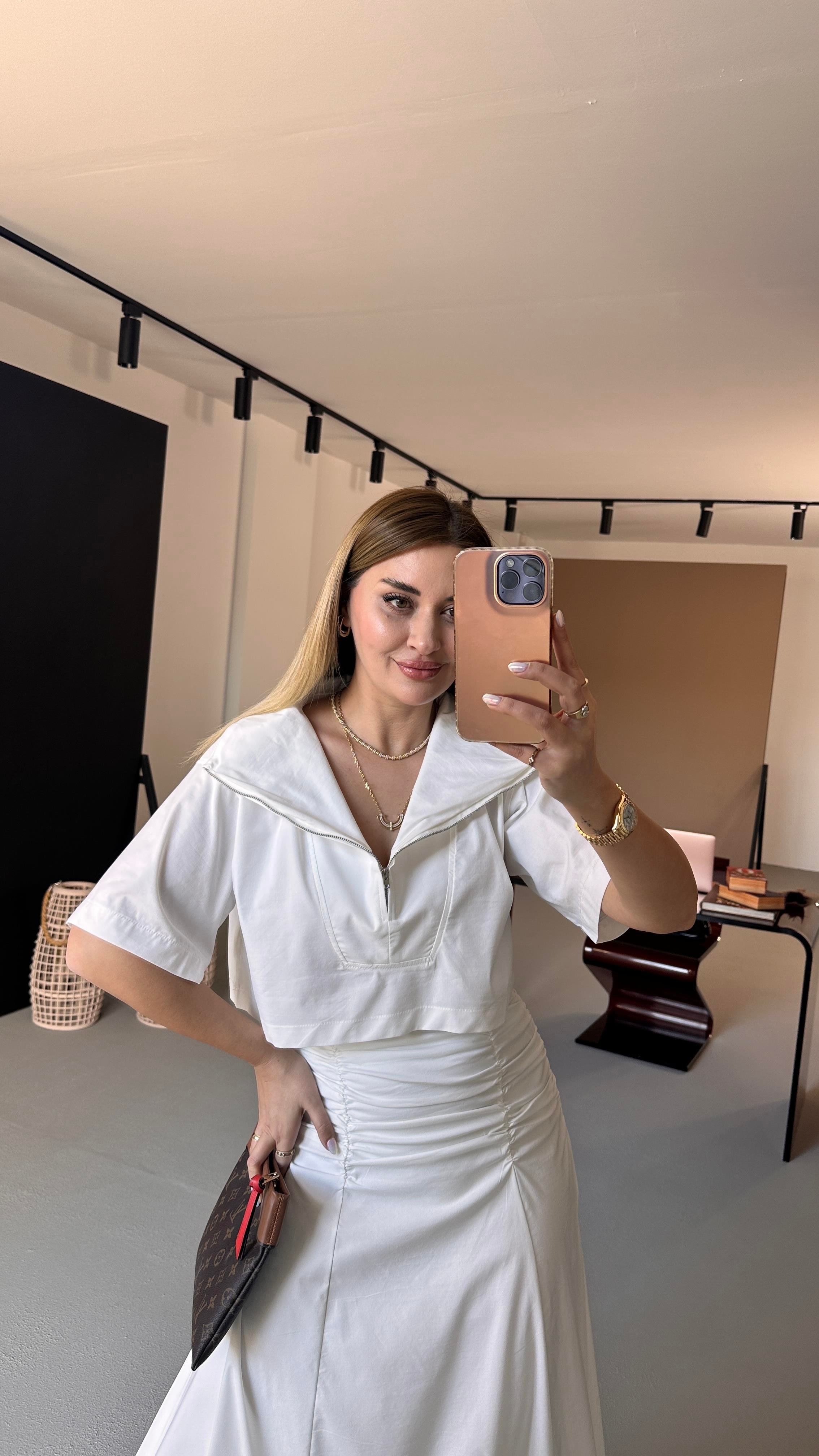 Yaka Fermuarlı Beyaz Poplin Crop