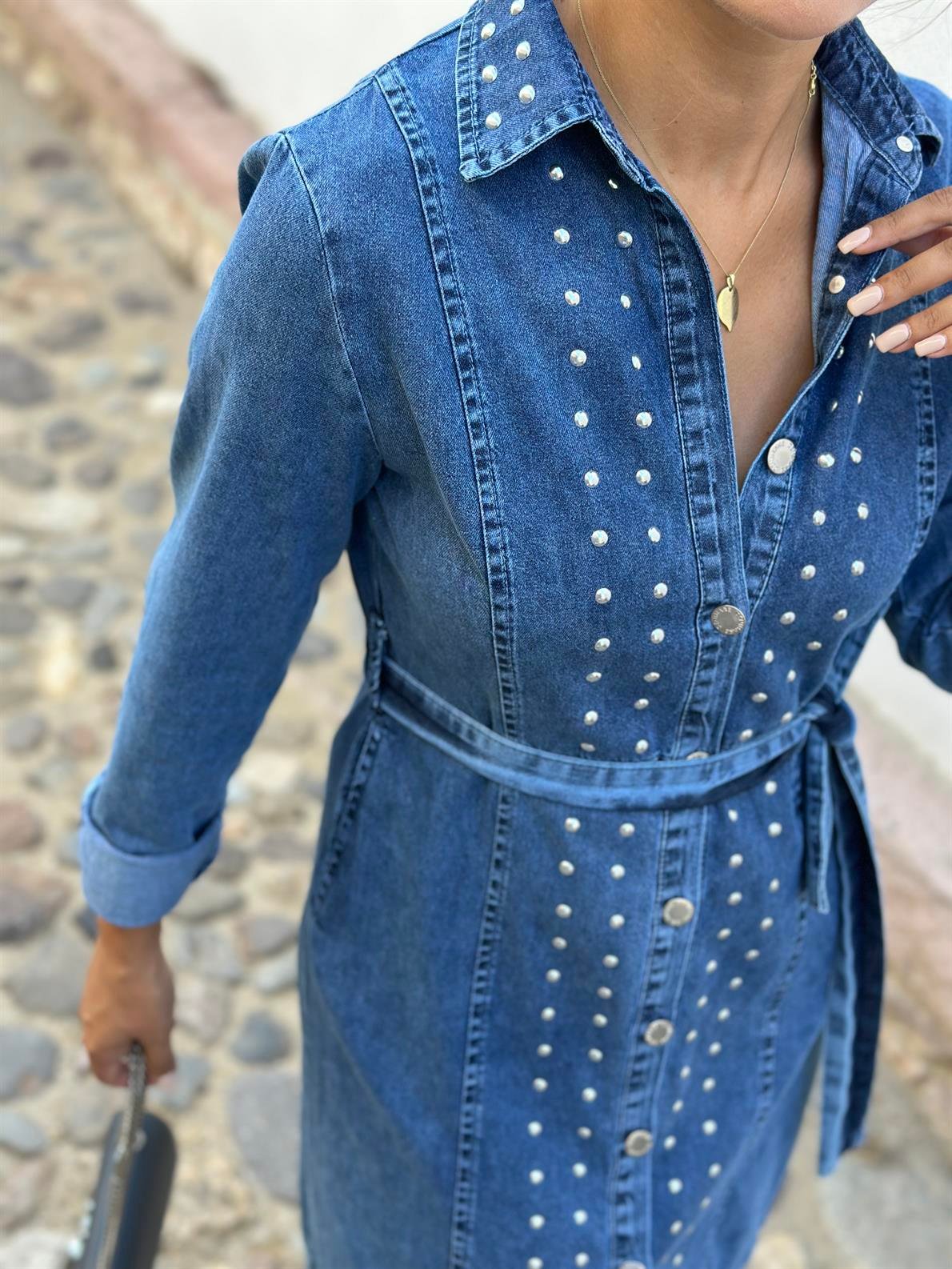 Zımbalı Mavi Denim Elbise