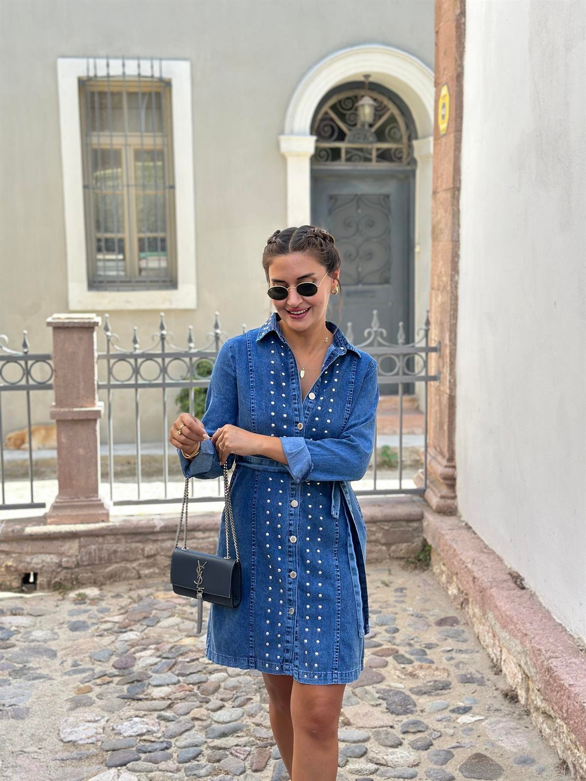 Zımbalı Mavi Denim Elbise