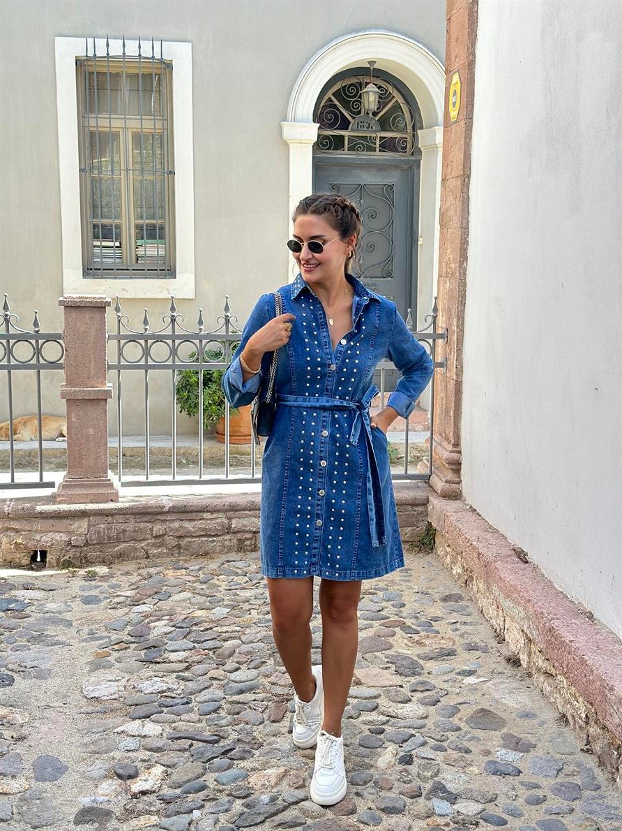 Zımbalı Mavi Denim Elbise