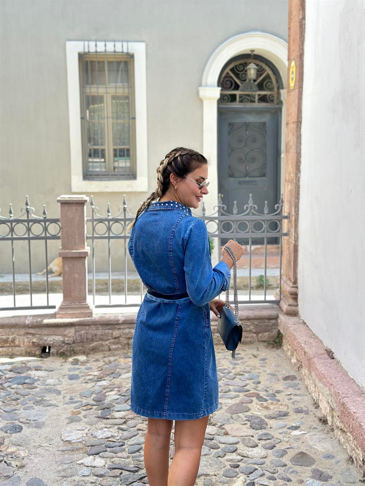 Zımbalı Mavi Denim Elbise