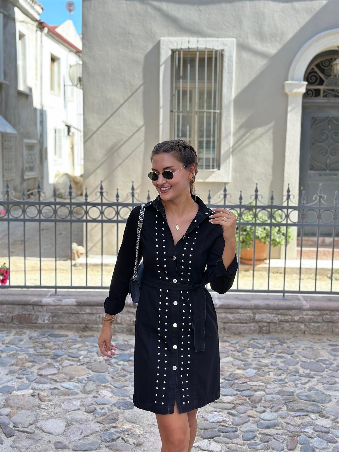 Zımbalı Siyah Denim Elbise