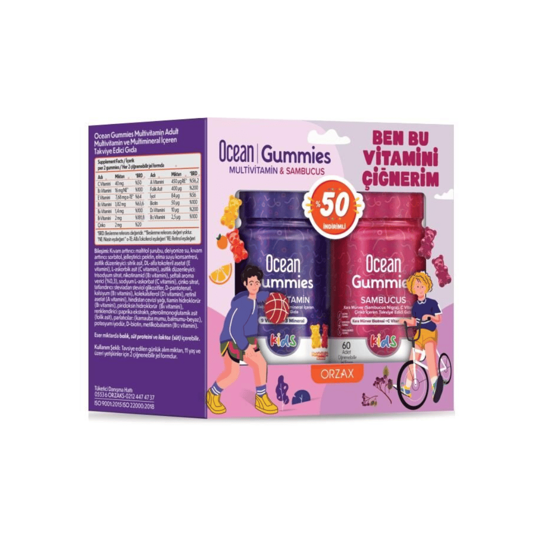 Orzax Ocean Gummies Multivitamin Kids 60 Adet Çiğnenebilir + Ocean Sambucus Kids 60 Adet Jel Form - orzax