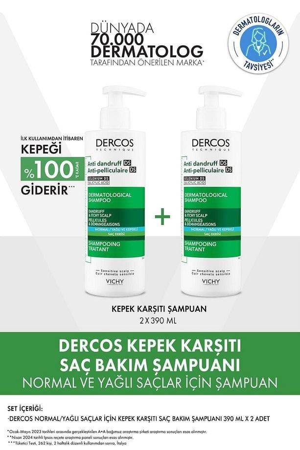 Dercos Anti-Dandruff Kepek Karşıtı Şampuan Normal & Yağlı Saçlar 390 ml 2 Adet - Vichy
