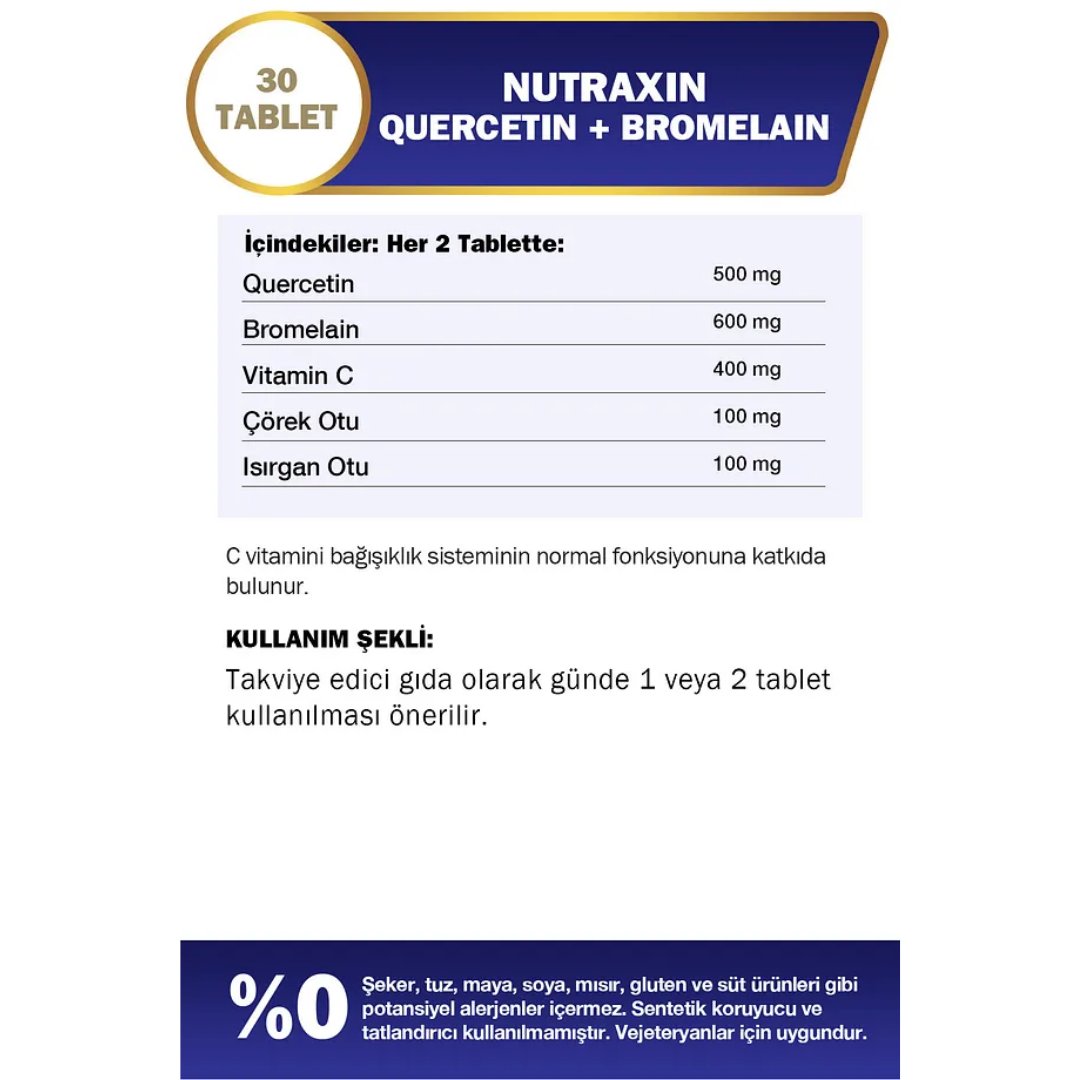 Nutraxin Bromelain ve Kuersetin İçeren Takviye Edici Gıda 30 Tablet - Nutraxin