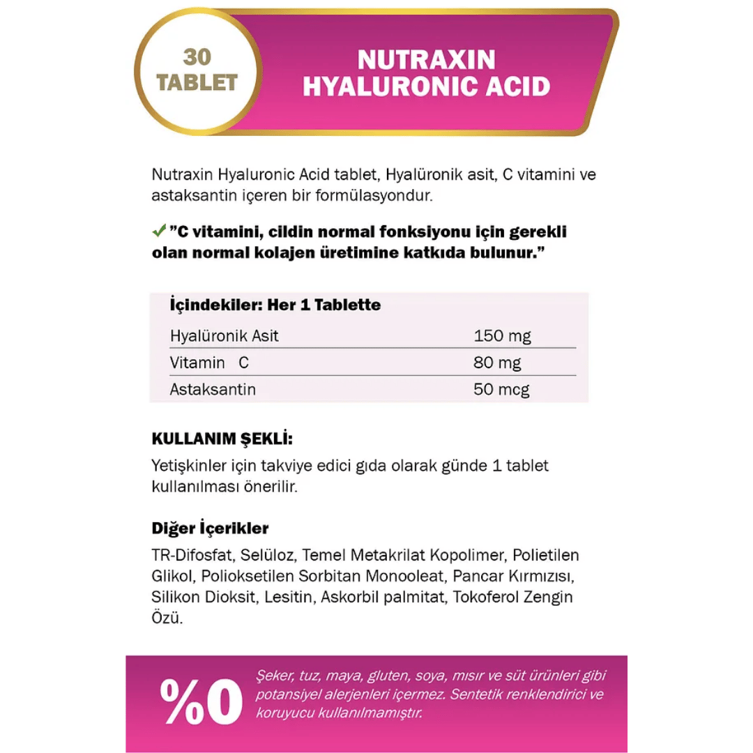 Nutraxin Hyaluronik Asit Takviye Edici Gıda 30 Tablet - Nutraxin