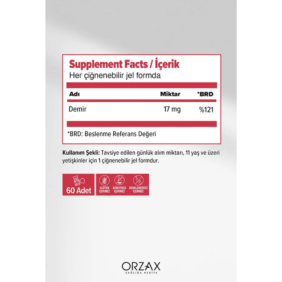 Orzax Ocean Gummies Iron Extra Demir İçeren Takviye Edici Gıda 60 Adet Çiğnenebilir Jel Form - orzax