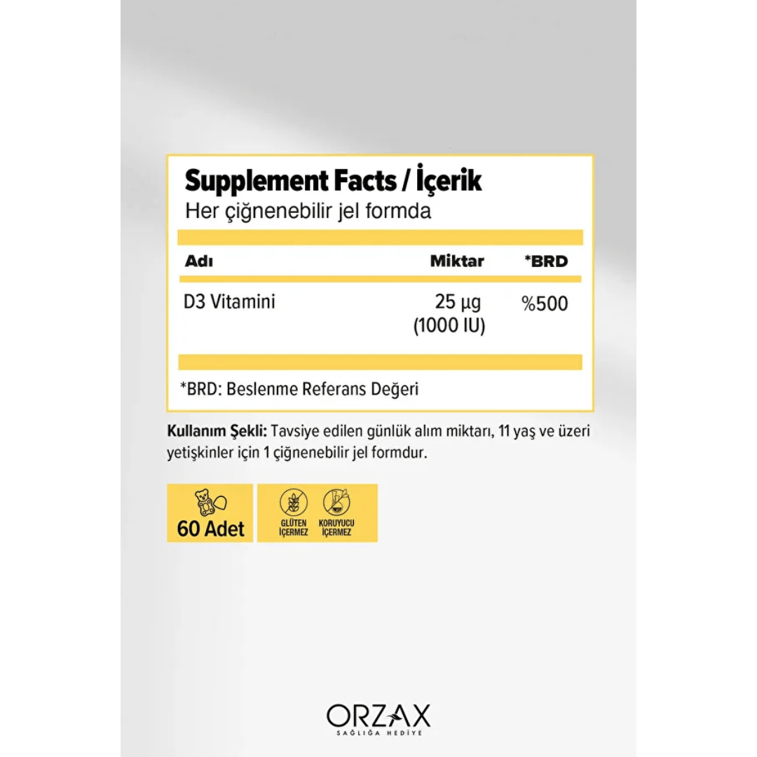 Orzax Ocean Gummies Vitamin D3 1000IU Portakal Aromalı Gıda Takviyesi 60+60 Avantajlı Paket - orzax