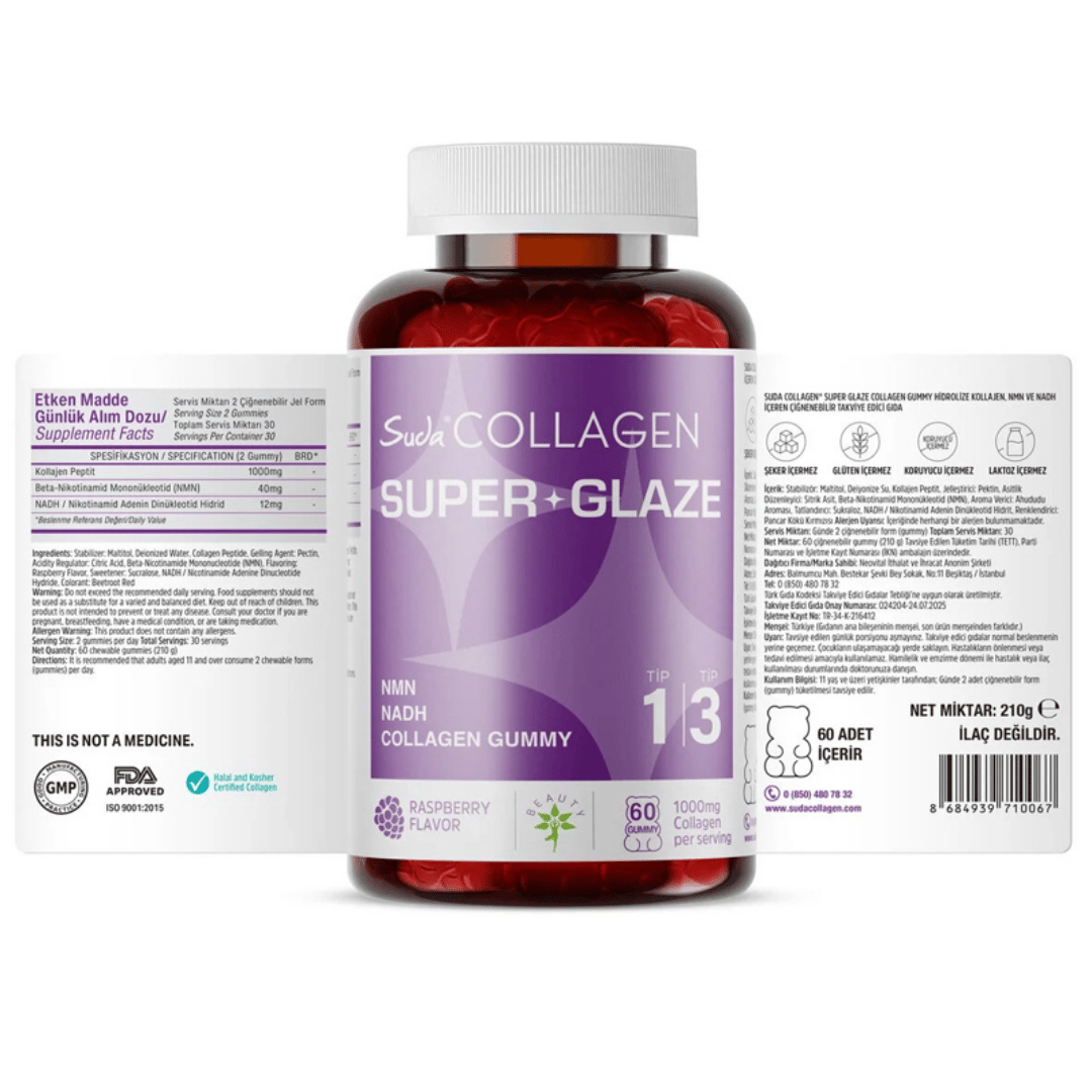 Suda Collagen Super Glaze Tip I-III Kolajen + NMN + NADH 60 Adet Gummy - Suda Collagen