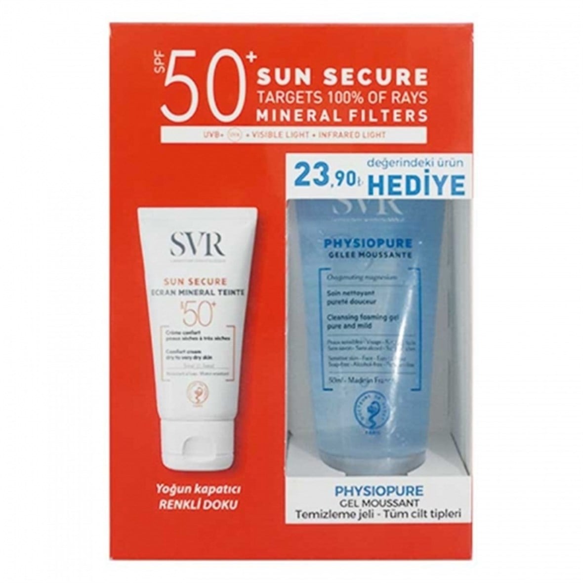 SVR Sunsecure Ecran Mineral Renkli Spf50+ Güneş Kremi 60gr - Physiopure Moussante 50 ml HEDİYE - SVR