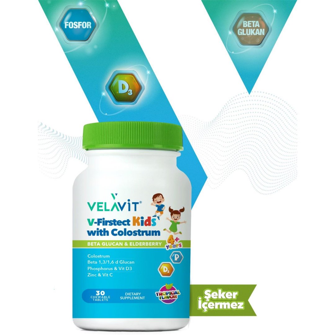 Velavit V-firstect Kids With Colostrum 30 Tablet Kolostrum,d3 Vitamini Ve Beta Glukan Içeren Gıda Takviyesi  - velavit