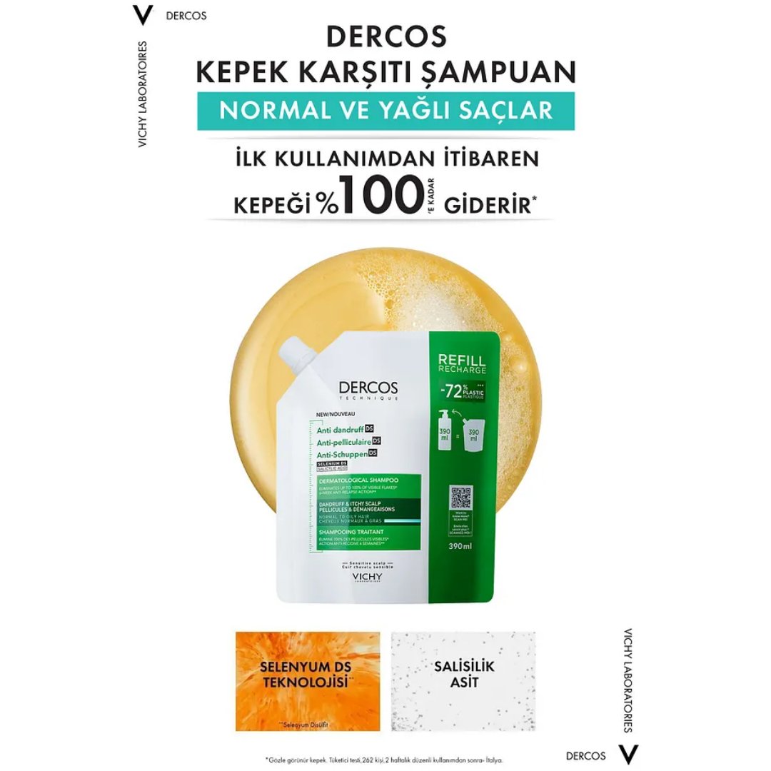 Vichy Dercos Anti Dandruff Kepek Karşıtı Şampuan 390 ml Normal ve Yağlı Saçlar Refill - Vichy