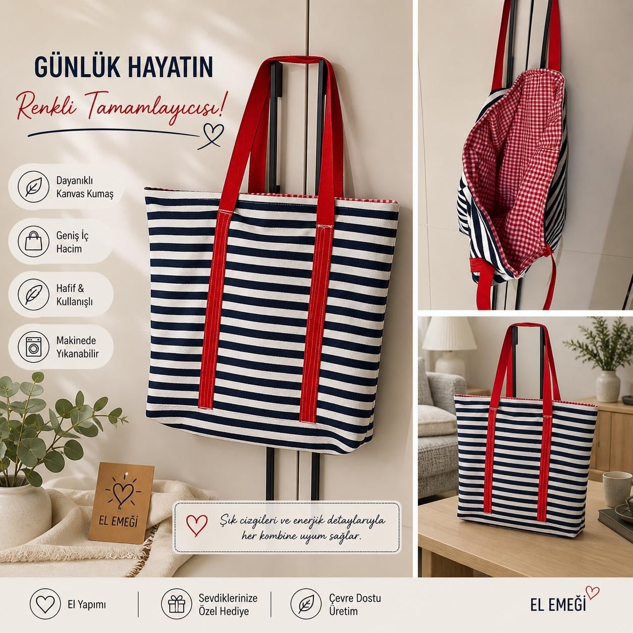 çizgili -ekose plaj çantası 