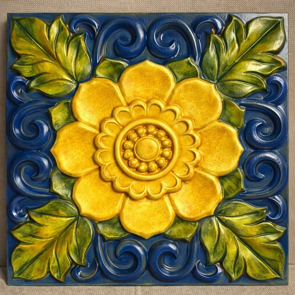 Lotus Motifli Dekoratif Duvar Paneli - Mavi