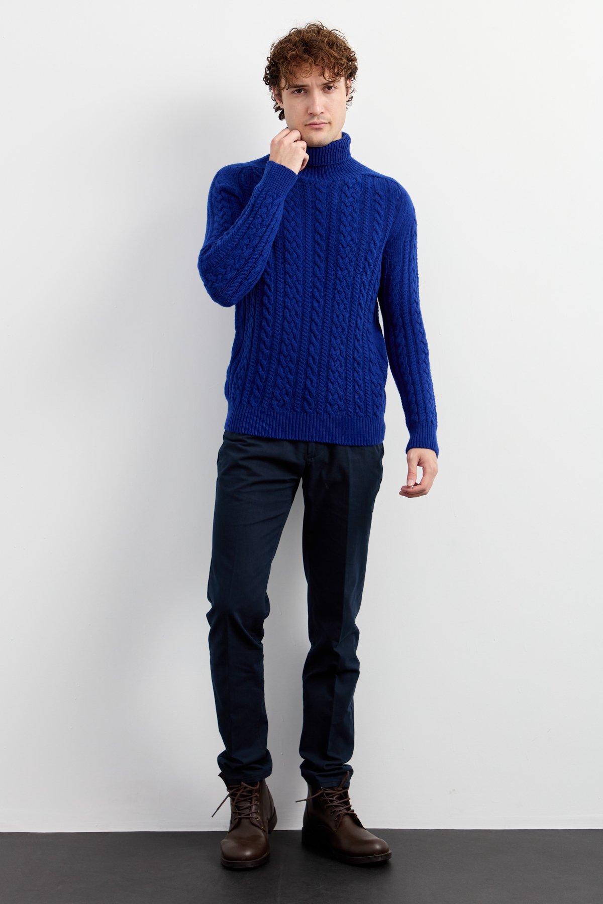 22589Erkek Balıkçı Yaka Saç Örgülü Yün Kazak K.S.Mavi