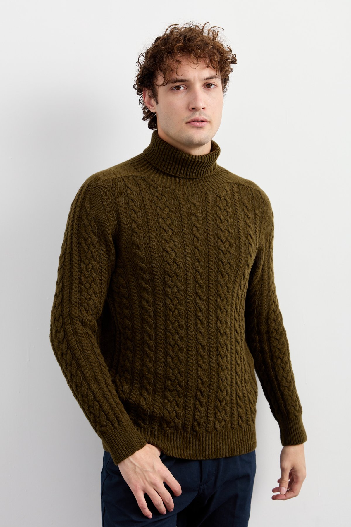 22589Erkek Balıkçı Yaka Saç Örgülü Yün Kazak A.Yeşil