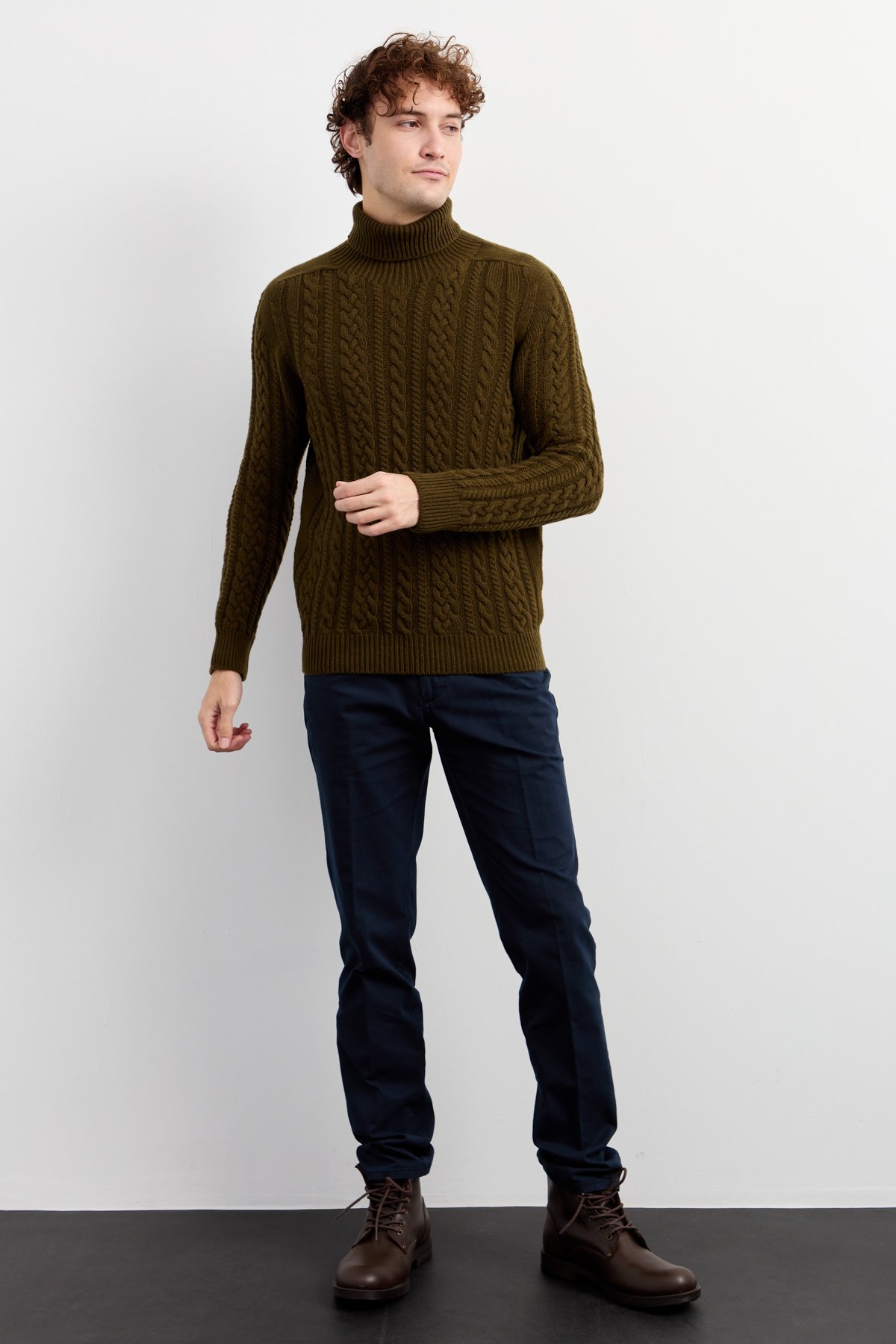 22589Erkek Balıkçı Yaka Saç Örgülü Yün Kazak A.Yeşil