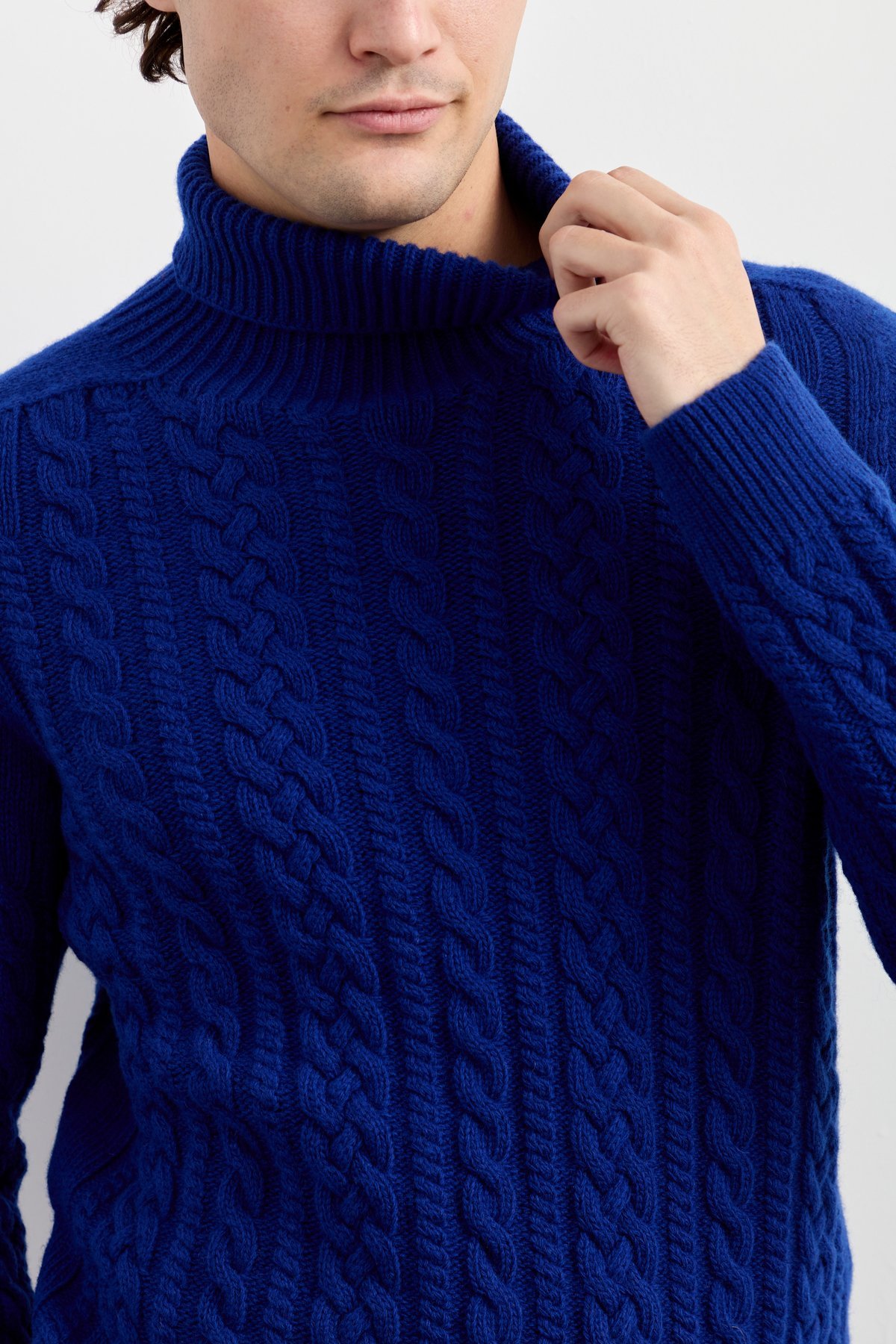 22589Erkek Balıkçı Yaka Saç Örgülü Yün Kazak K.S.Mavi