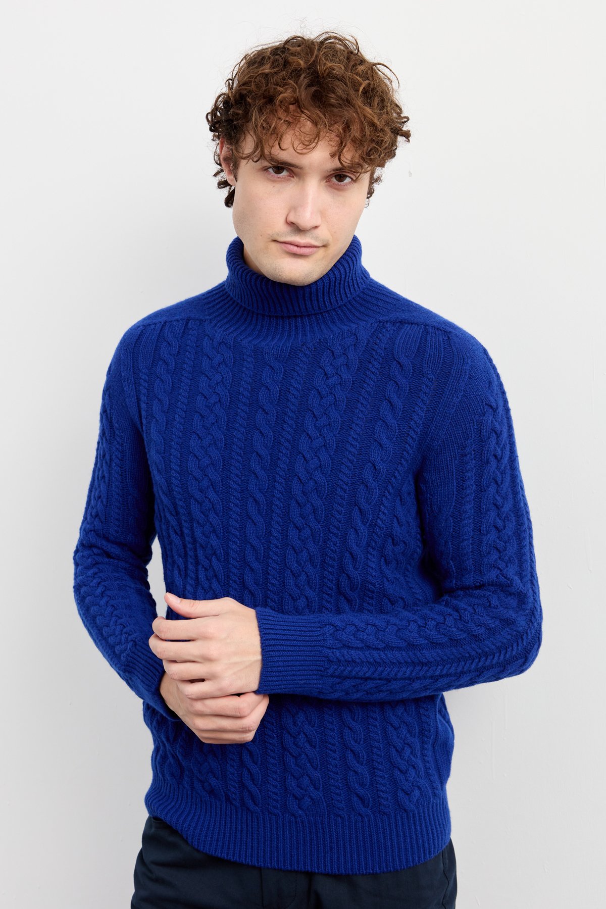 22589Erkek Balıkçı Yaka Saç Örgülü Yün Kazak K.S.Mavi