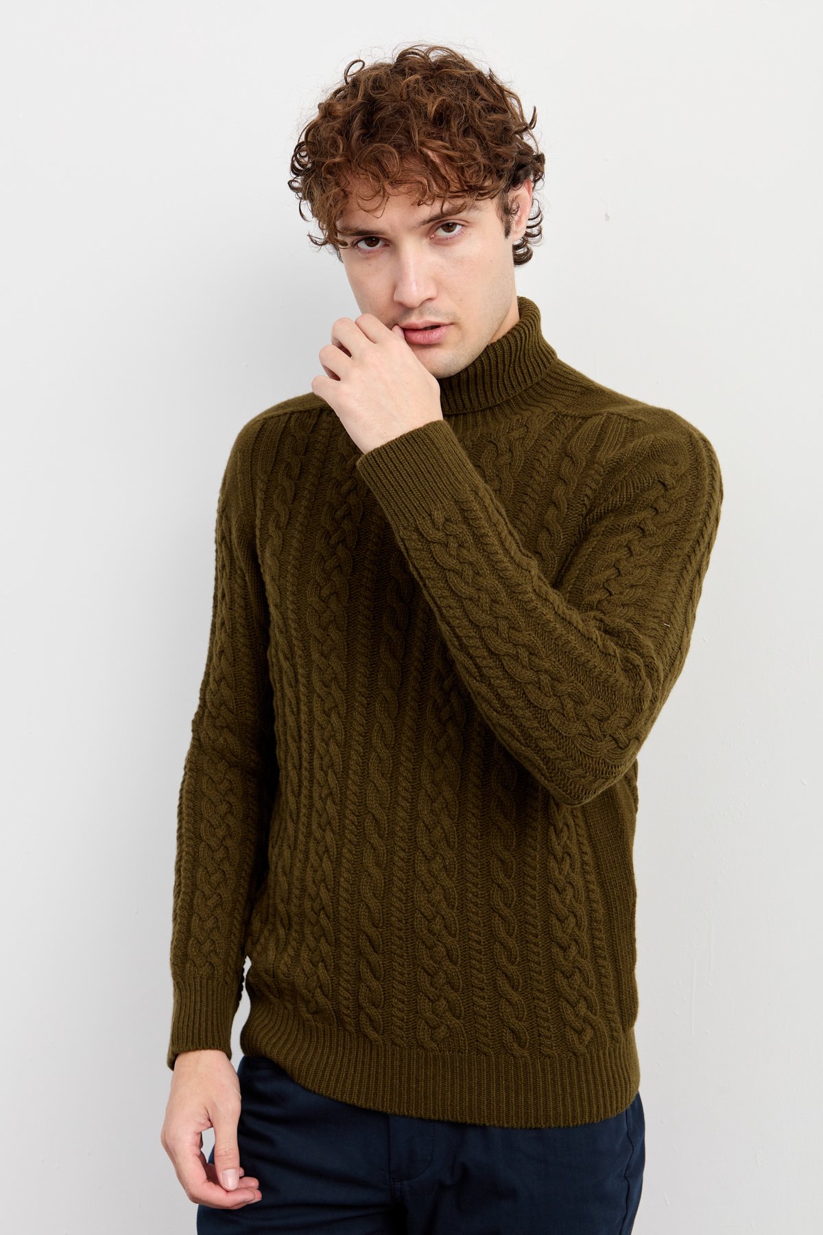 22589Erkek Balıkçı Yaka Saç Örgülü Yün Kazak A.Yeşil