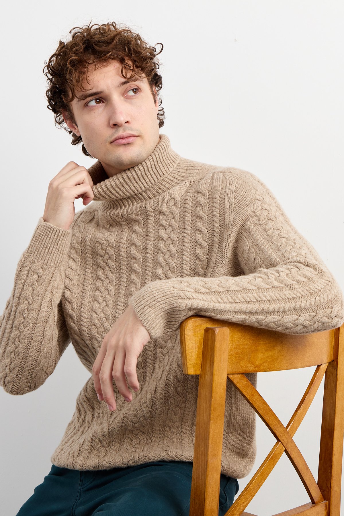 22589Erkek Balıkçı Yaka Saç Örgülü Yün Kazak K.Bej